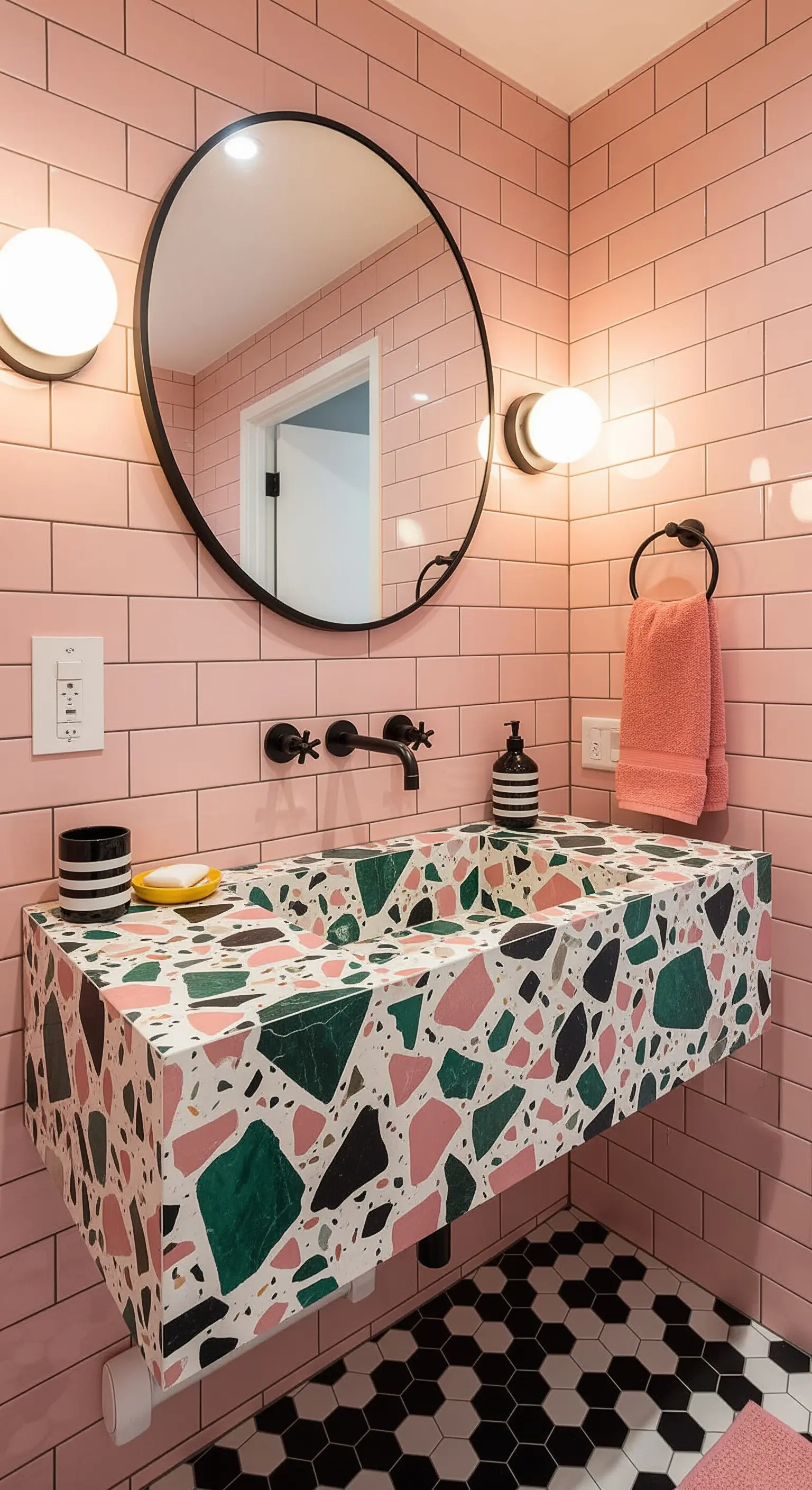 Schwebendes Waschbecken aus buntem Terrazzo in einem rosa gefliesten Badezimmer.