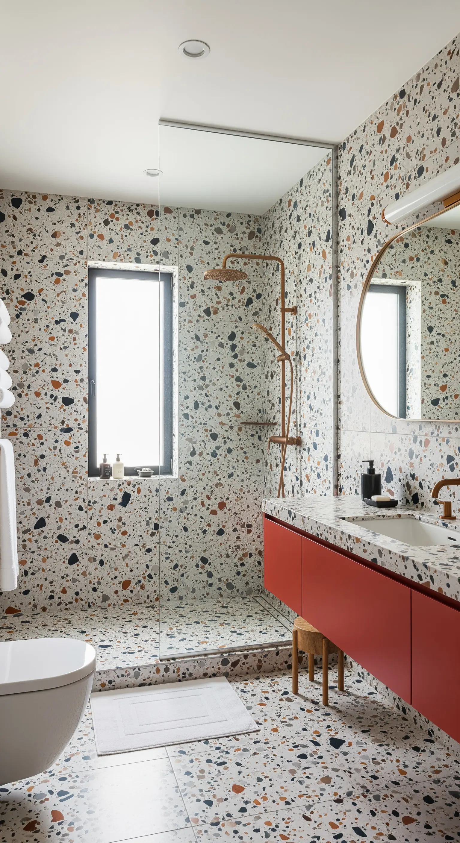 Modernes Badezimmer mit Terrazzofliesen, einem roten Waschtisch und goldenen Armaturen