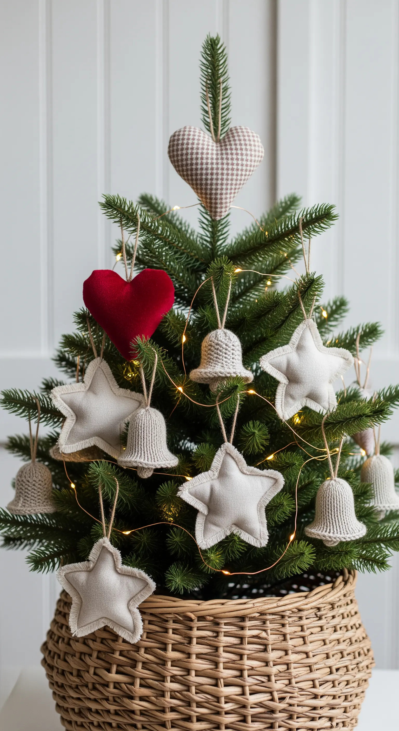 Mini-Weihnachtsbaum mit Stoffsternen, Glocken und Herz in einem Korb