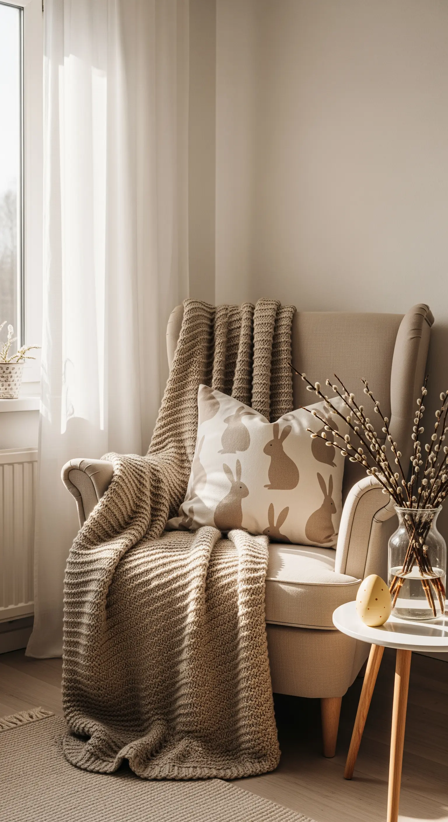 Gemütliche Leseecke mit beigem Sessel, Hasenkissen und grober Strickdecke.