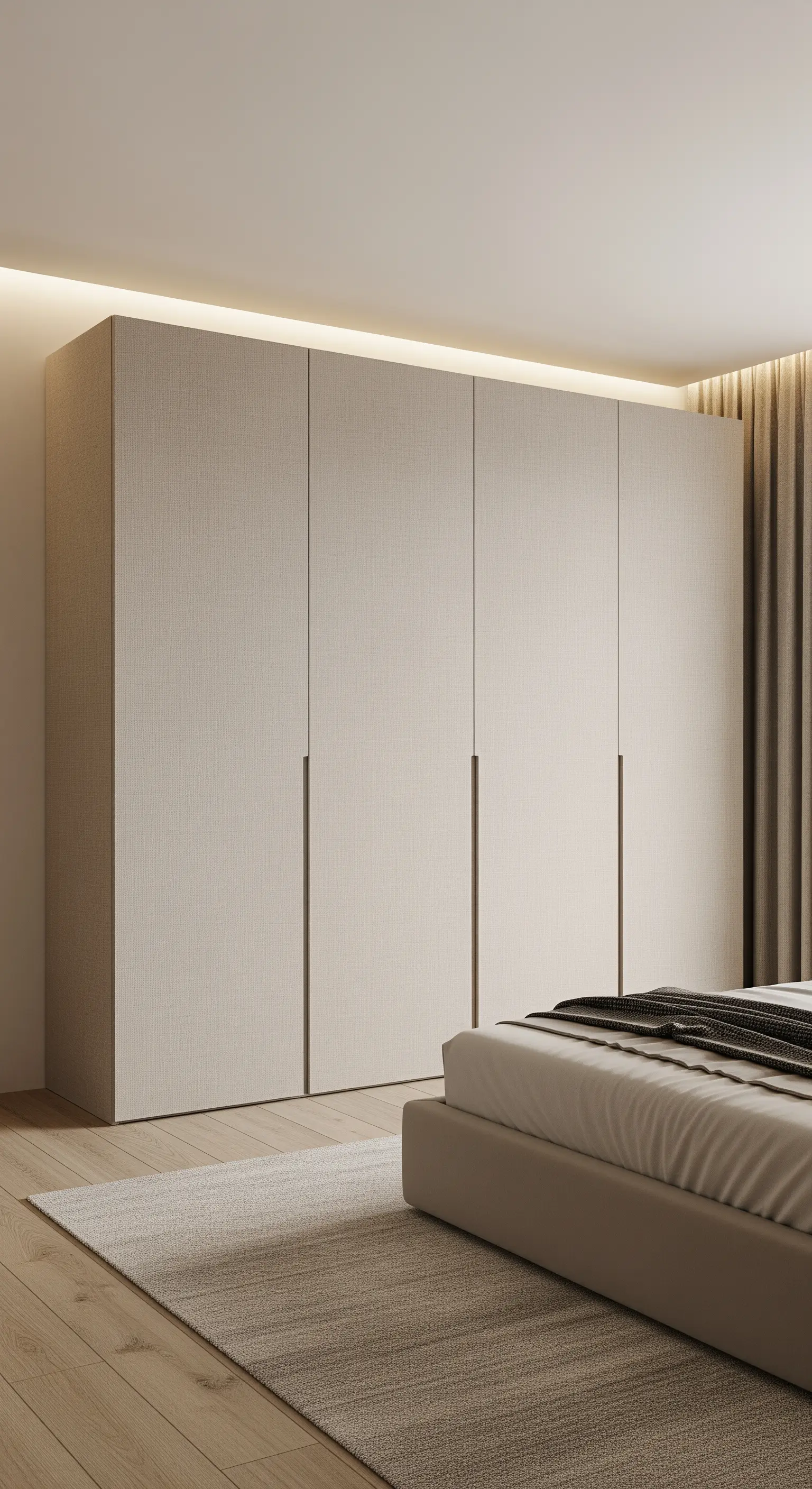Minimalistischer Schrank mit beigen, stoffbezogenen Türen und indirekter Deckenbeleuchtung.