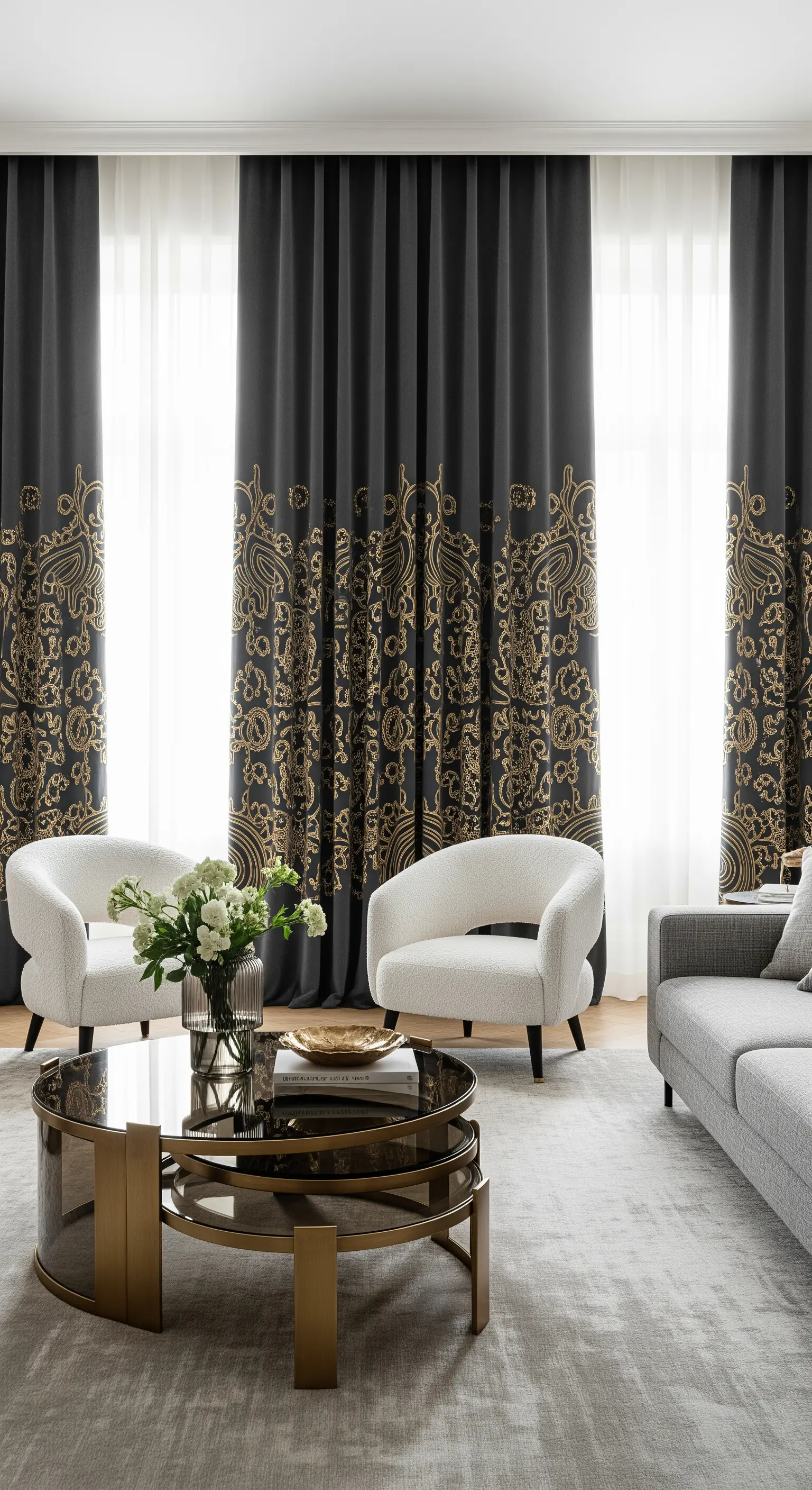 Dunkle, bodenlange Vorhänge mit einem großen, kunstvollen goldenen Paisley-Muster.