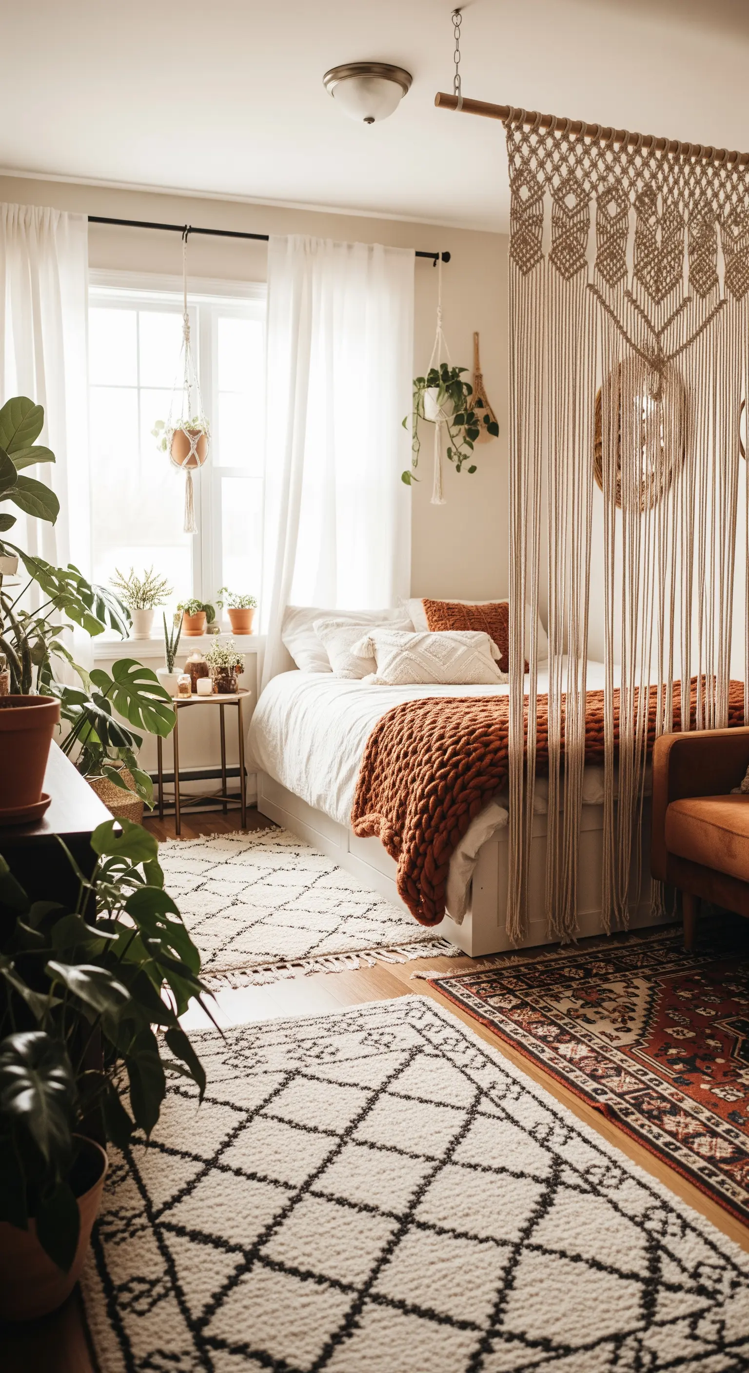 Makramee-Raumtrenner trennt den Schlafbereich in einem Boho-Studio-Apartment ab.