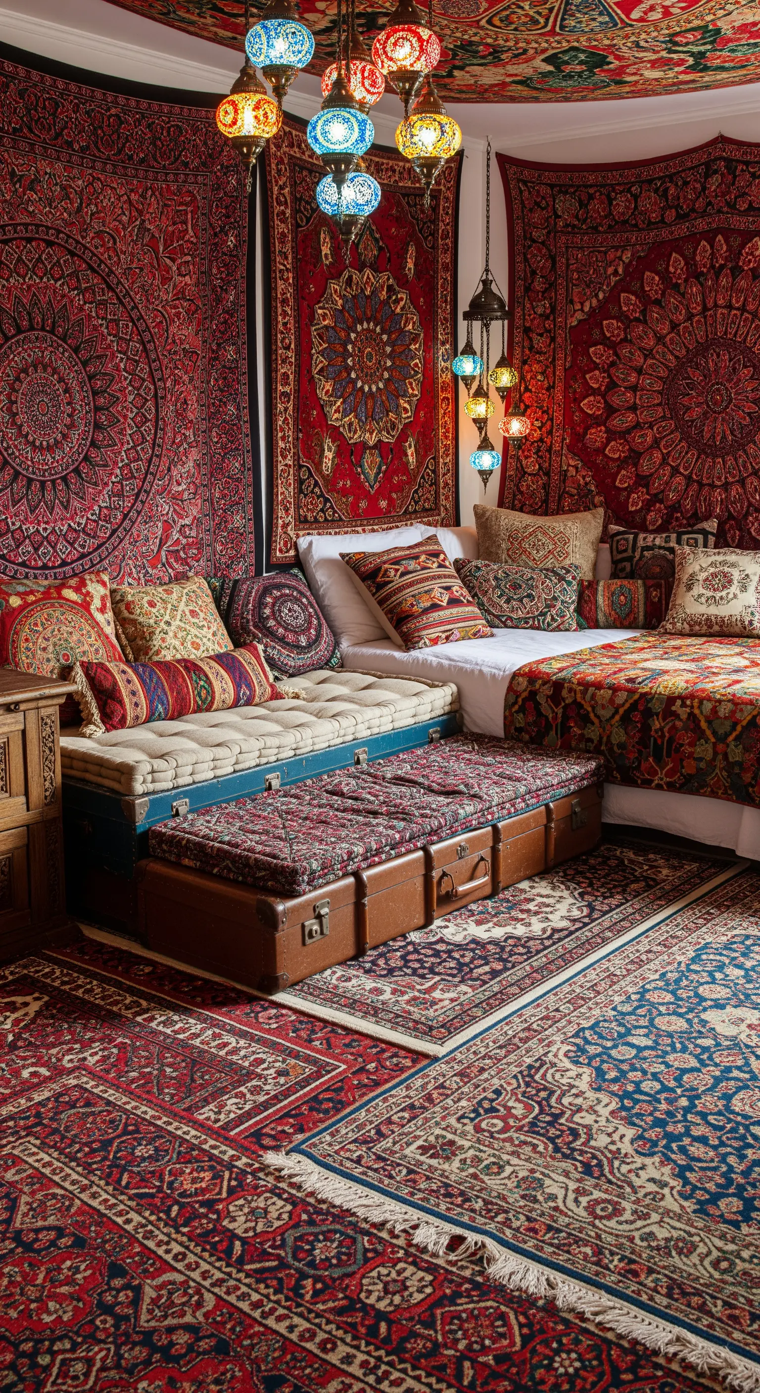 Schlafzimmer mit Wandtüchern, gestapelten Vintage-Koffern am Bettende und vielen Teppichen