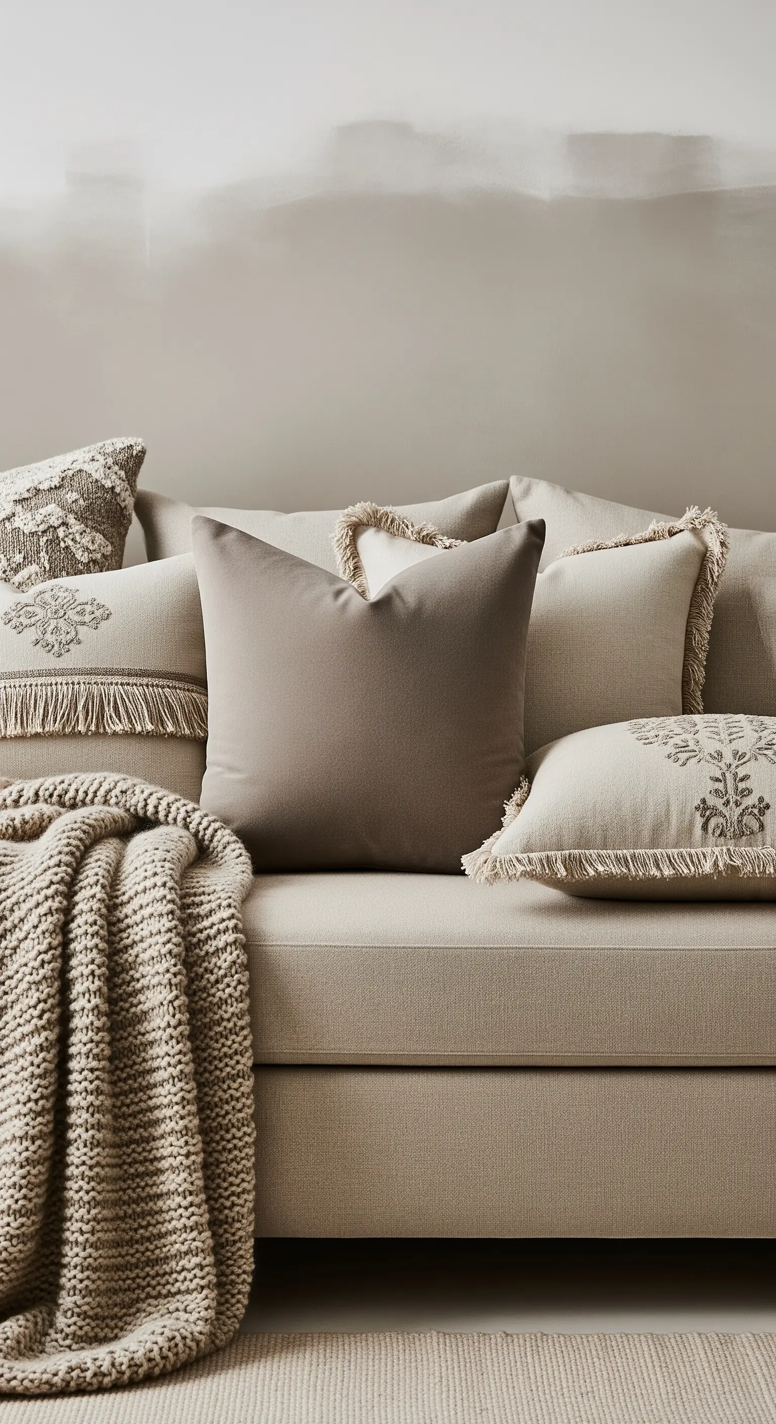 Sofa mit beigen Kissen und Strickdecke in verschiedenen Texturen