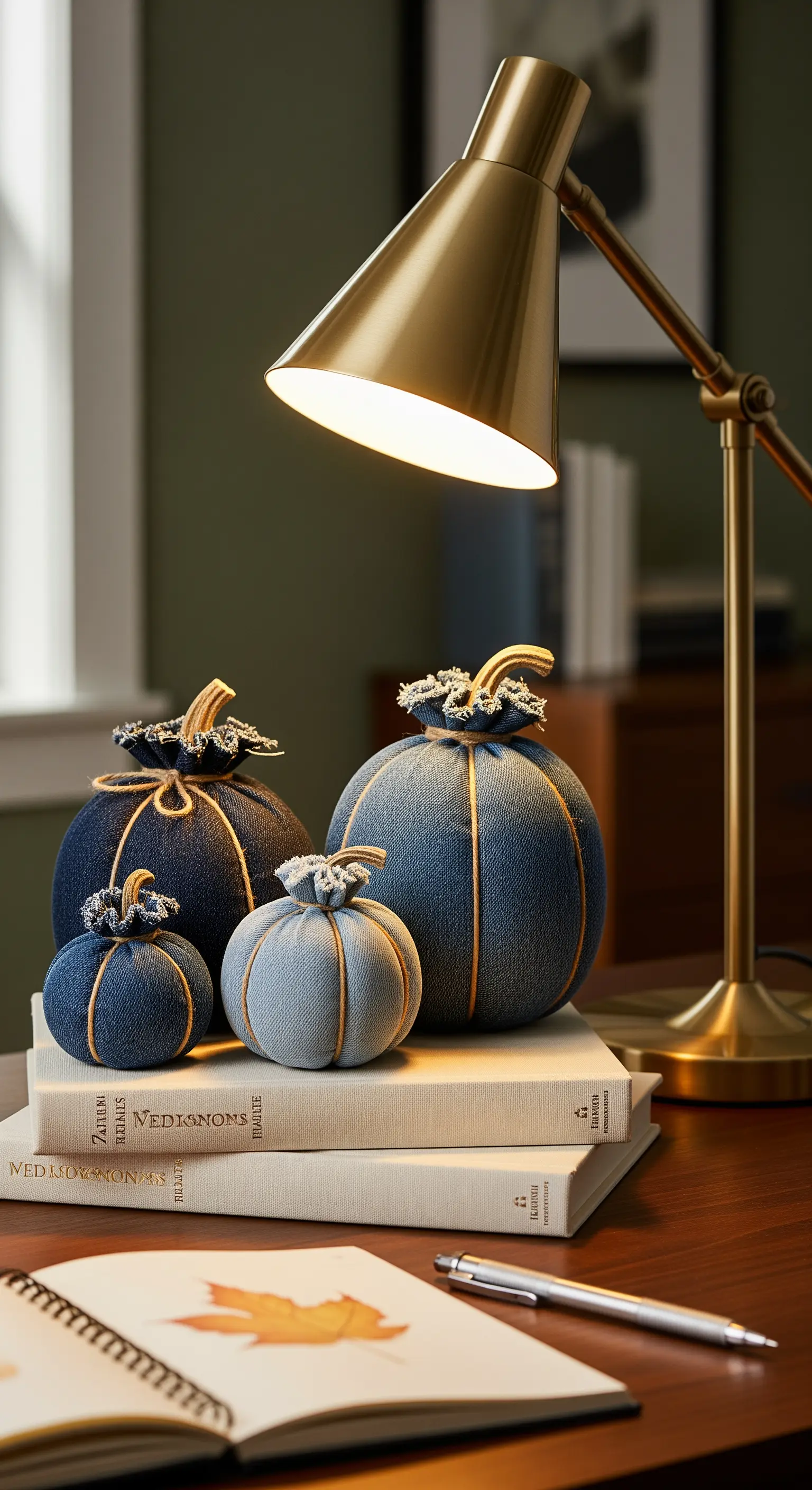 Schreibtisch mit Jeans-Kürbissen, Büchern und einer goldenen Schreibtischlampe.