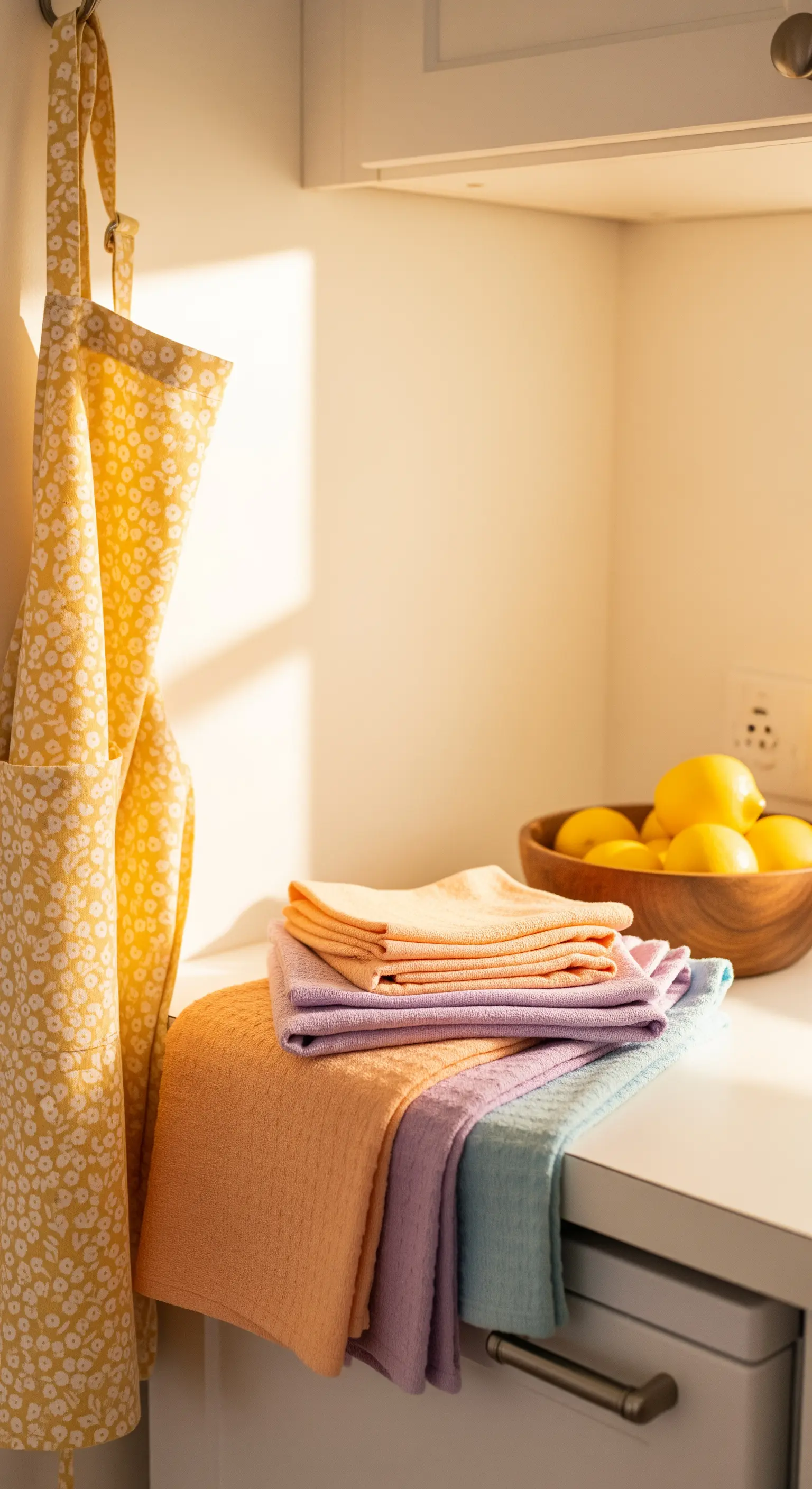 Pastellfarbene Küchentücher, eine gelbe Schürze und Zitronen in einer hellen Küche