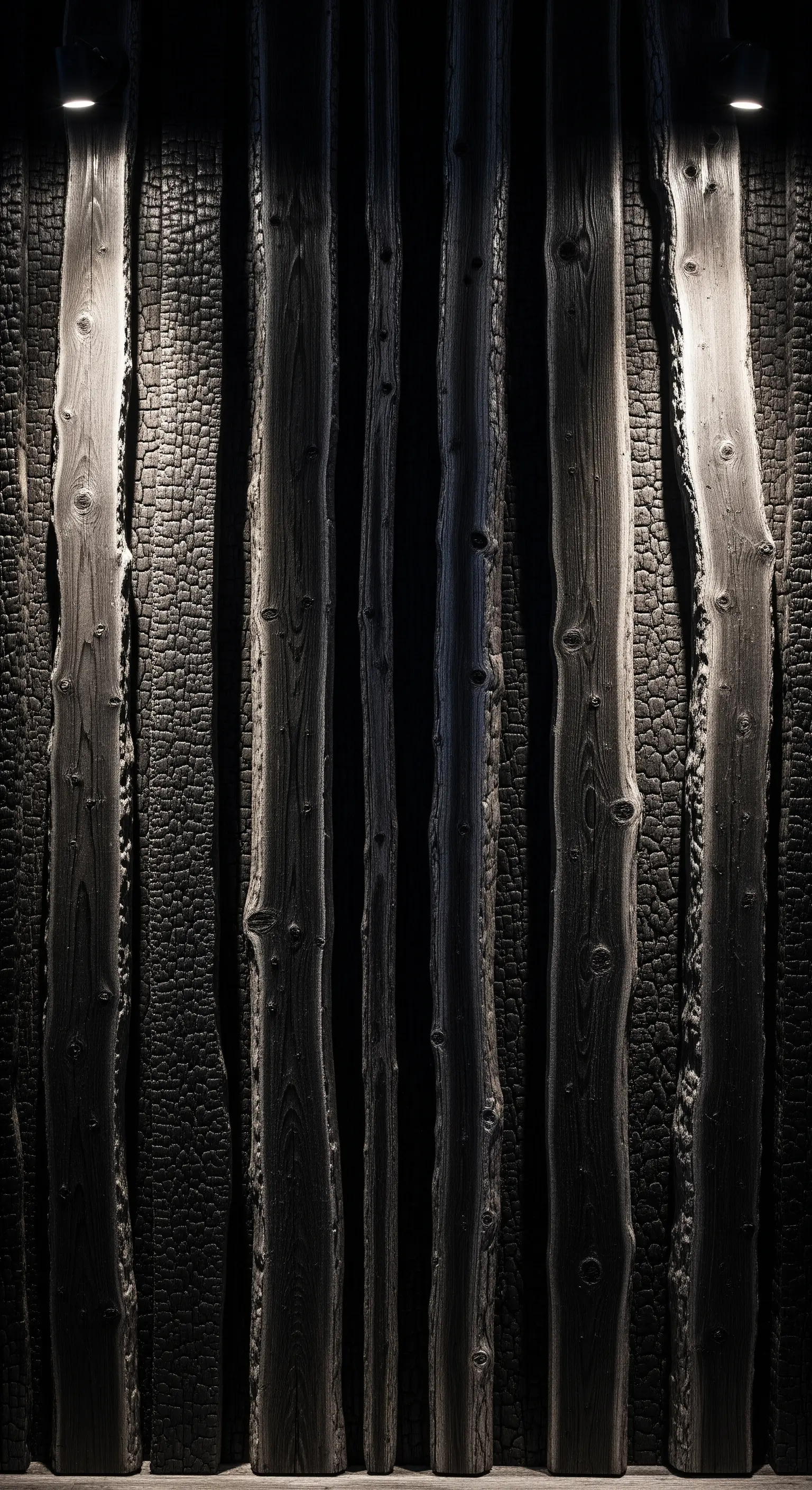 Dunkle, strukturierte Holzpaneelwand mit vertikalem Licht von oben und unten, betont Textur