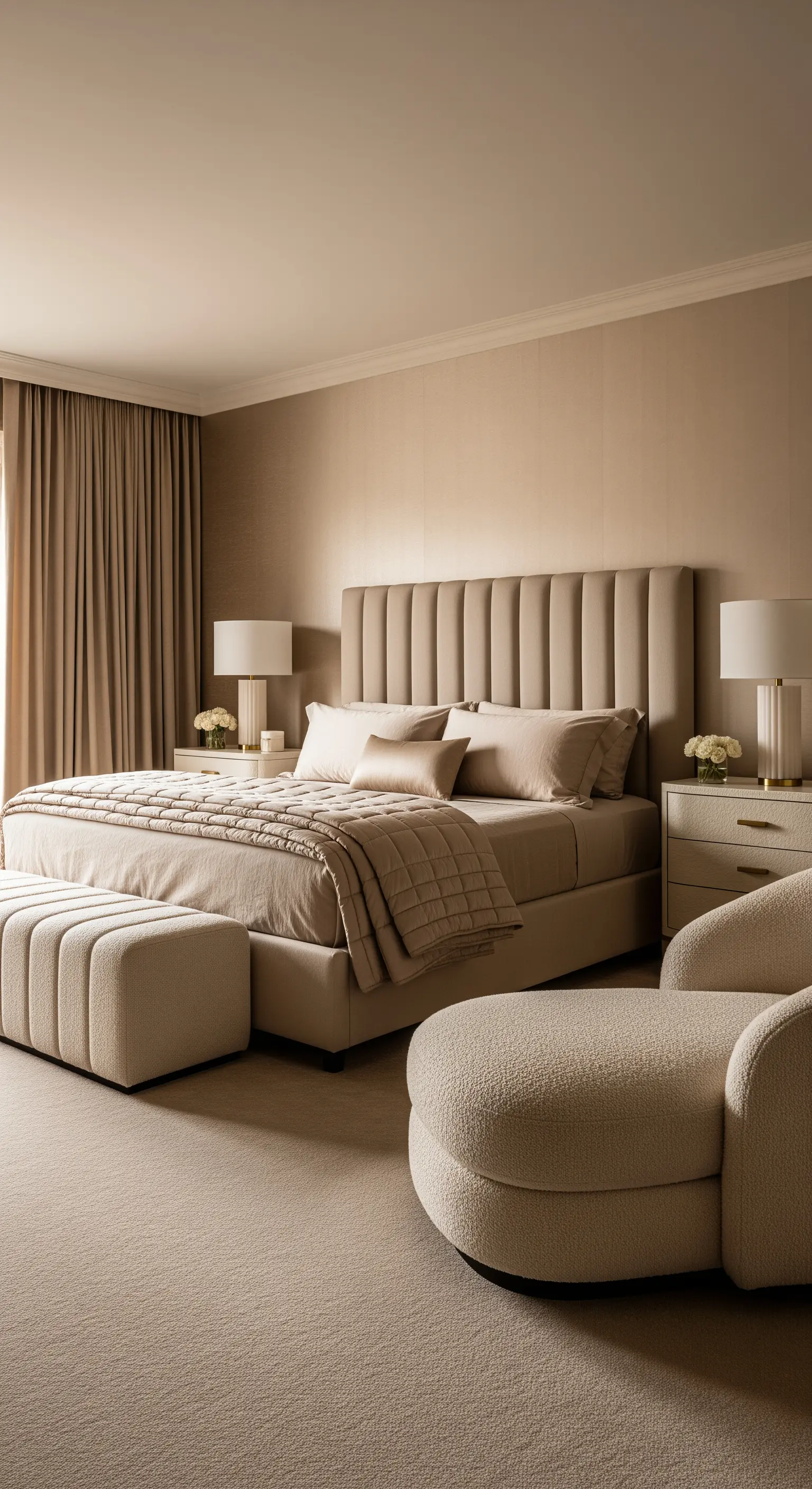 Monochromes Schlafzimmer in Beigetönen mit verschiedenen Texturen wie Bouclé und Steppung.