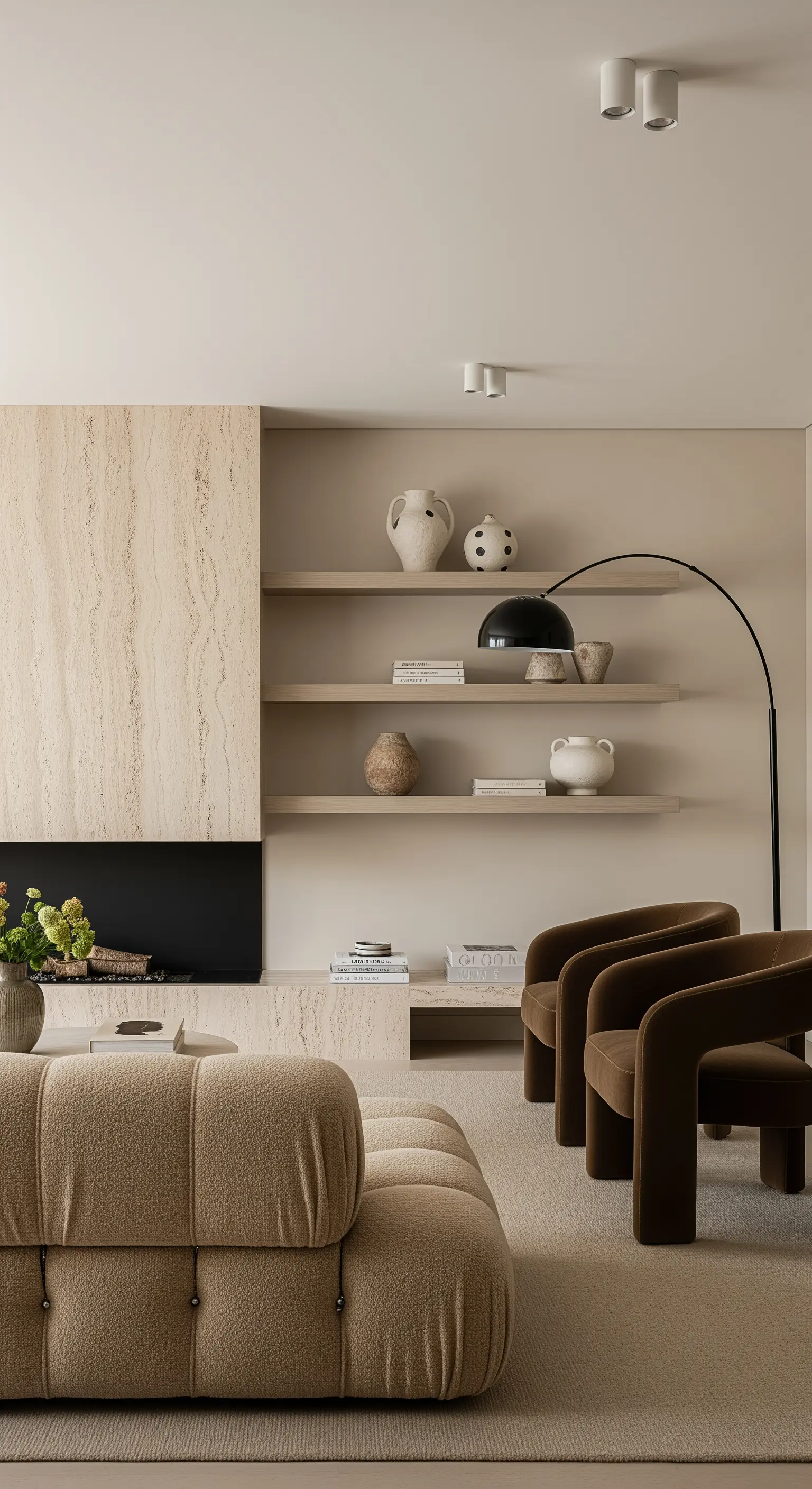 Minimalistisches Wohnzimmer mit Travertin-Kamin, Regalen und modernen Sesseln.