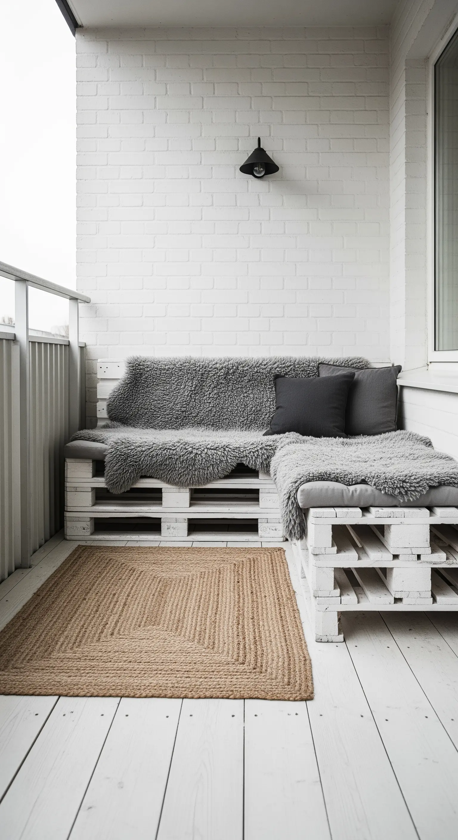 Weiße Paletten-Eckbank mit grauen Fellen und Juteteppich