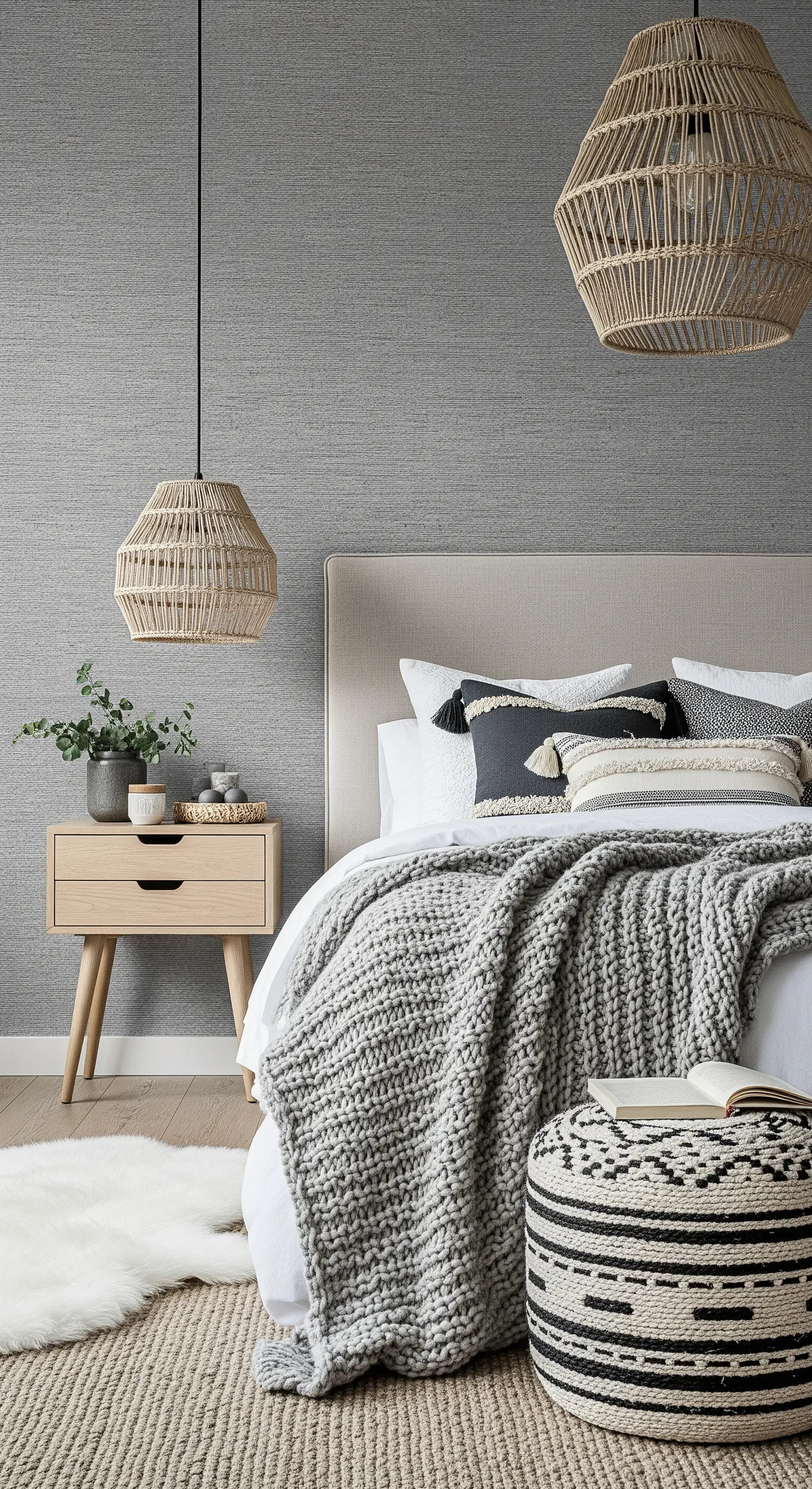 Monochromes Boho-Schlafzimmer mit vielen verschiedenen Texturen wie Strick, Jute und Rattan.
