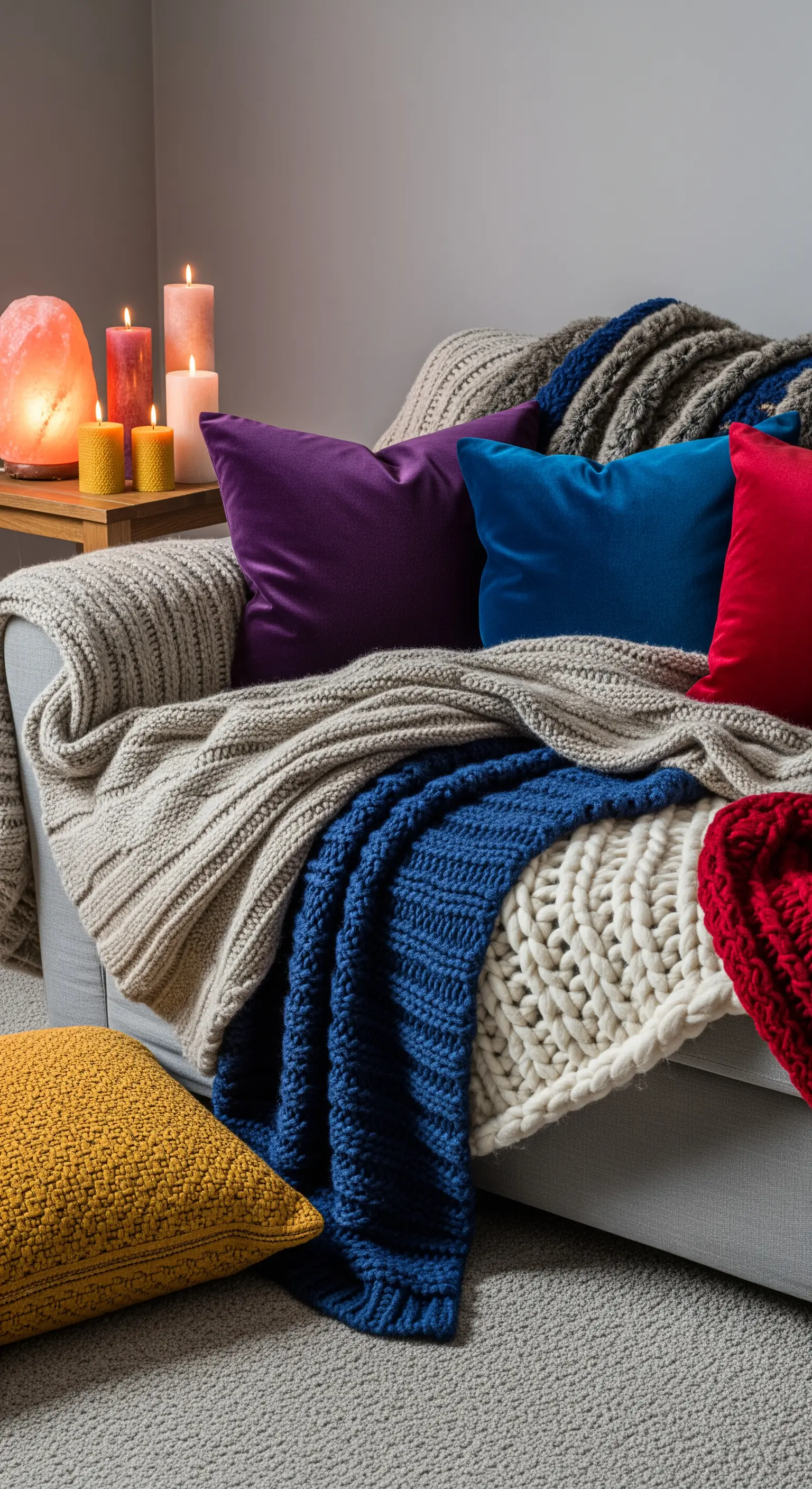 Sofa voll mit Kissen in Lila und Blau sowie groben Strickdecken