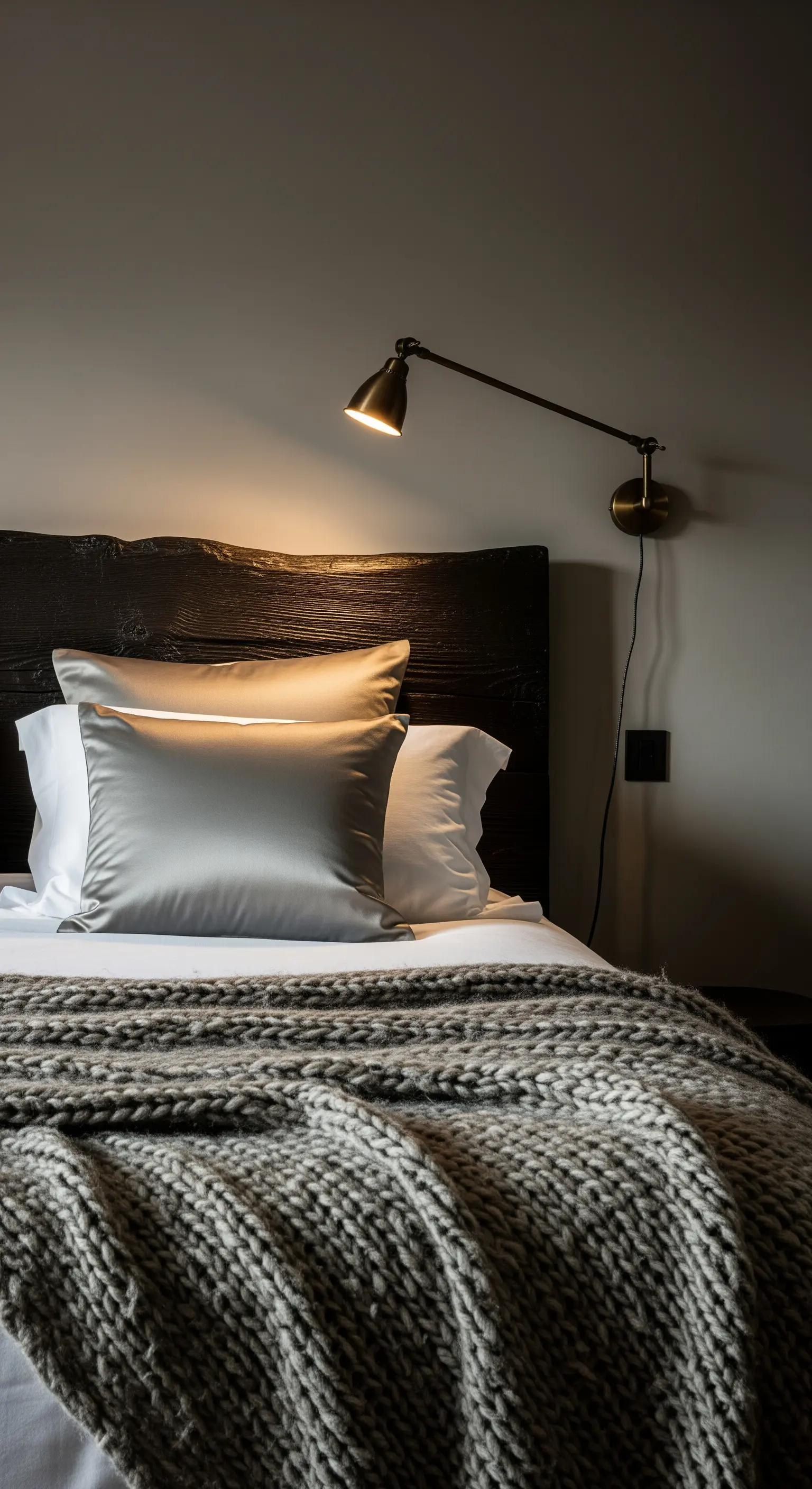 Rustikales Holzkopfteil mit grob gestrickter Decke und einem glänzenden Satin-Kissen.