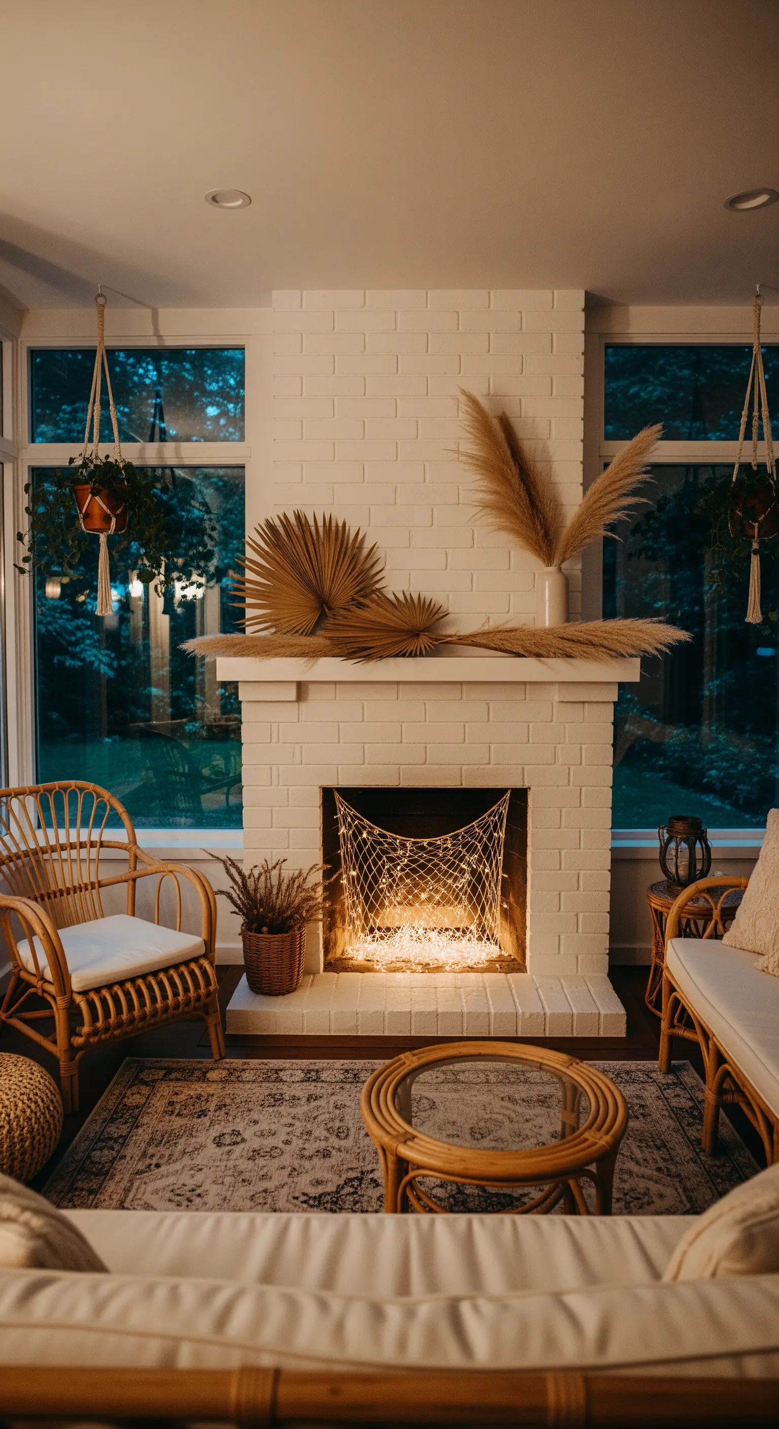 Weißer Backsteinkamin mit Palmblättern und Lichter-Netz