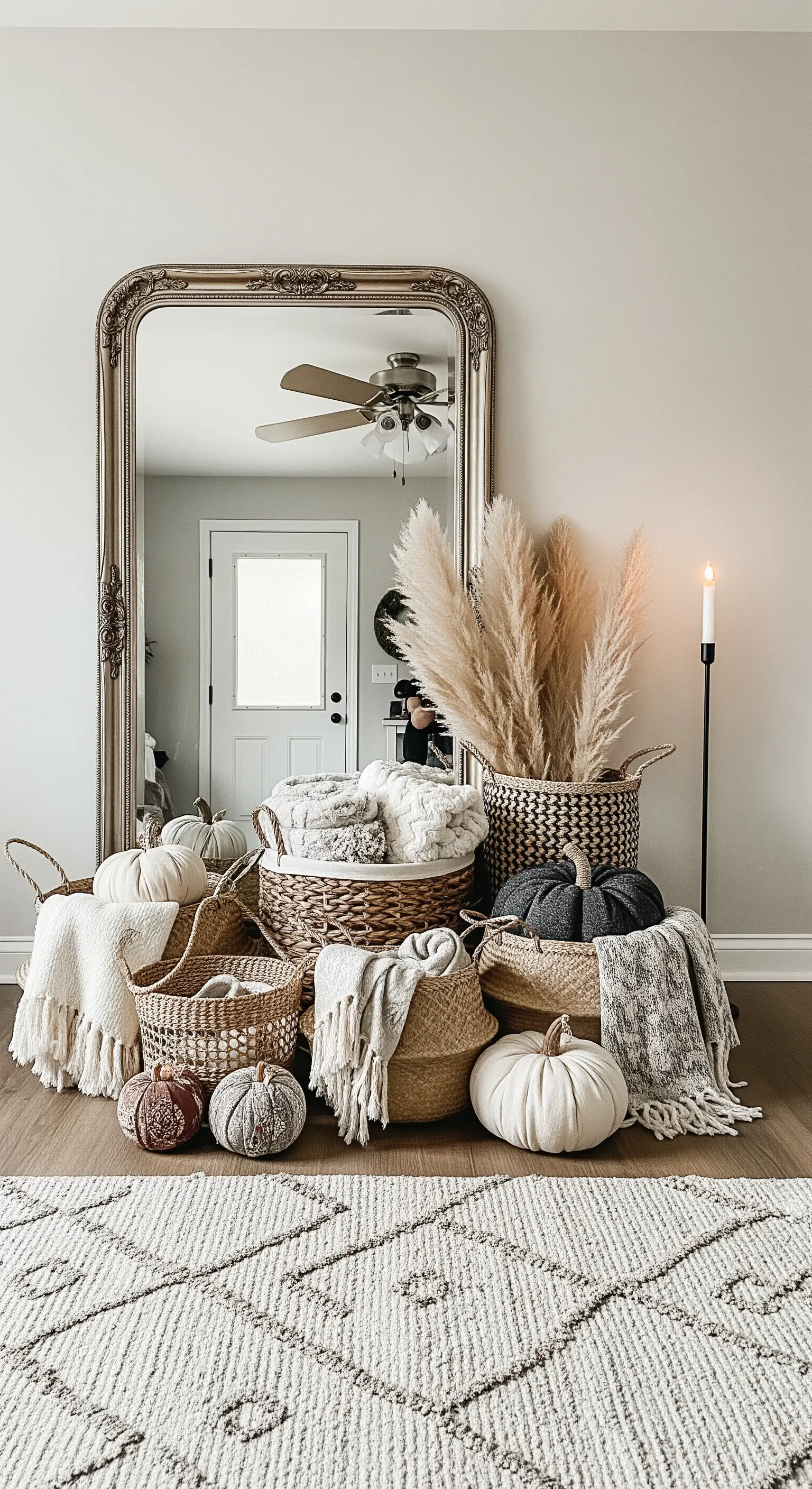 Deko-Ecke mit großem Spiegel, Körben, Decken, Stoffkürbissen und Pampasgras.