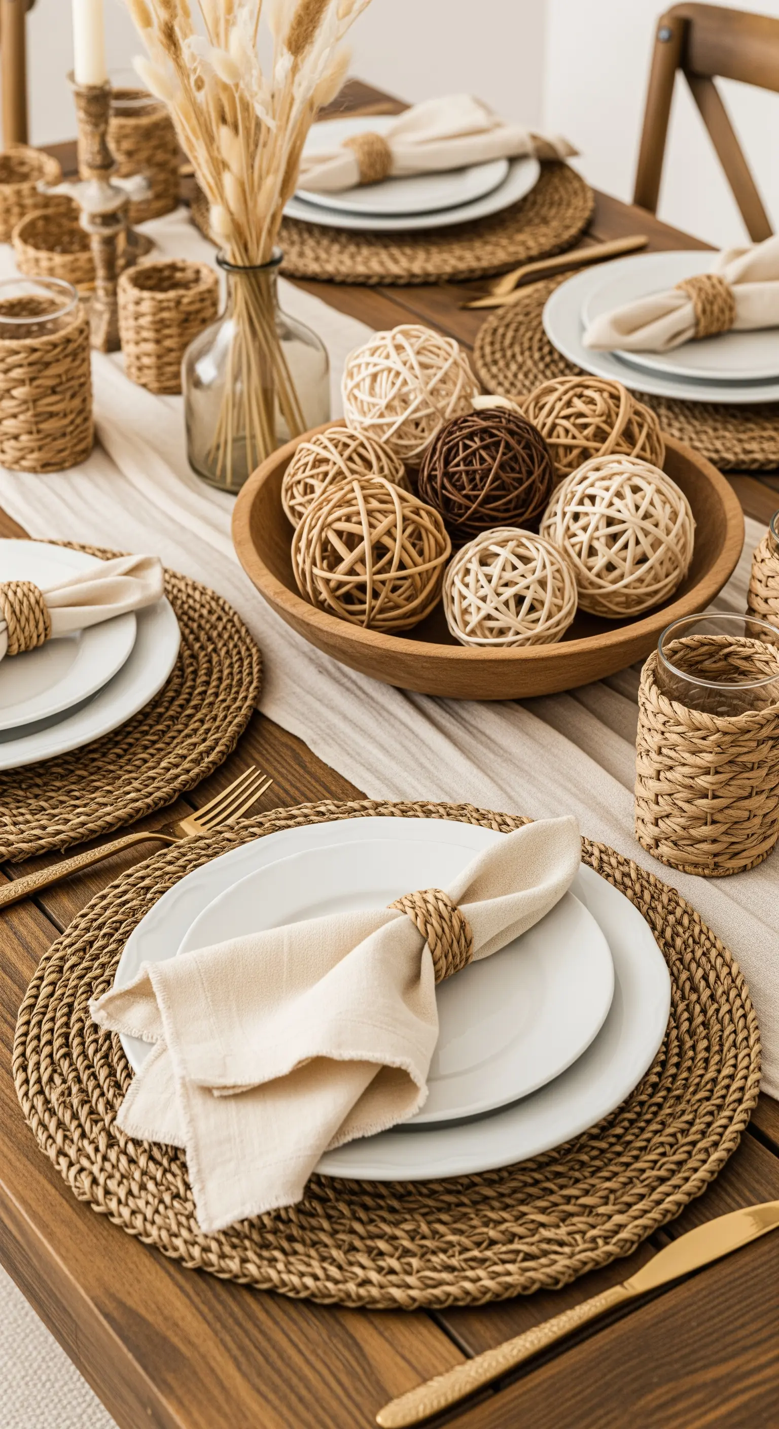 Tischdeko mit geflochtenen Tischsets, Leinen-Servietten und einer Holzschale mit Rattankugeln.