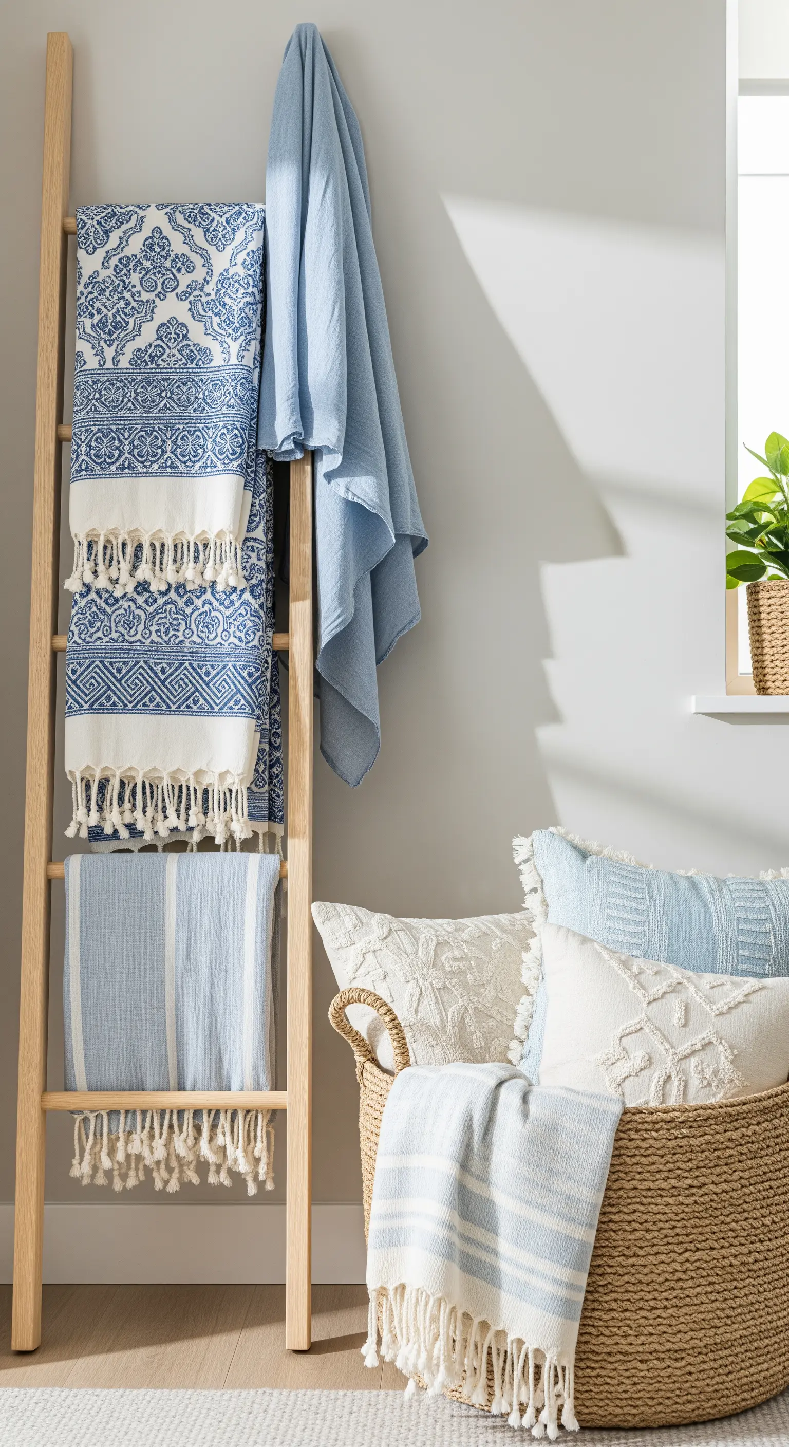 Deckenleiter mit blauen Decken und geflochtenem Korb mit Kissen.