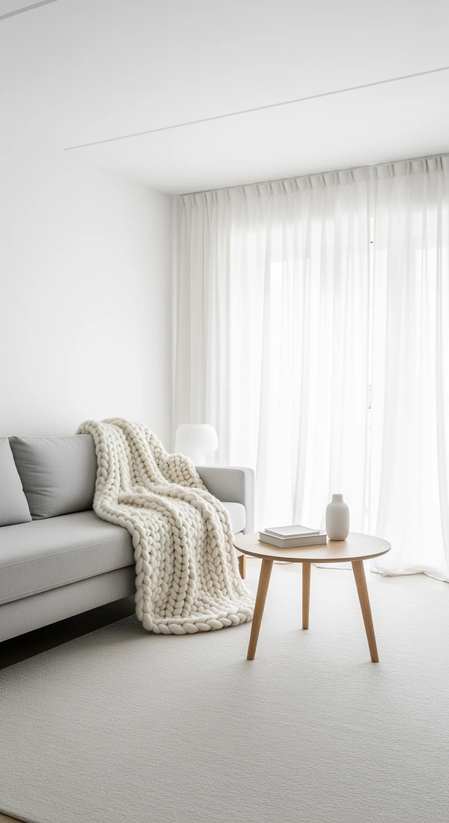 Eine grob gestrickte Decke und helle Texturen schaffen Wärme in einem neutralen Wohnzimmer.