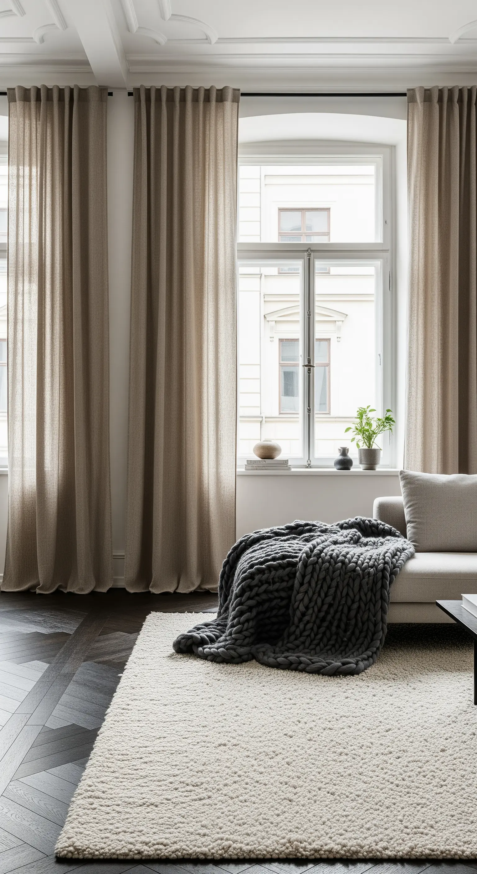 Wohnzimmer mit beigen Leinenvorhängen, einem Wollteppich und einer groben Strickdecke.