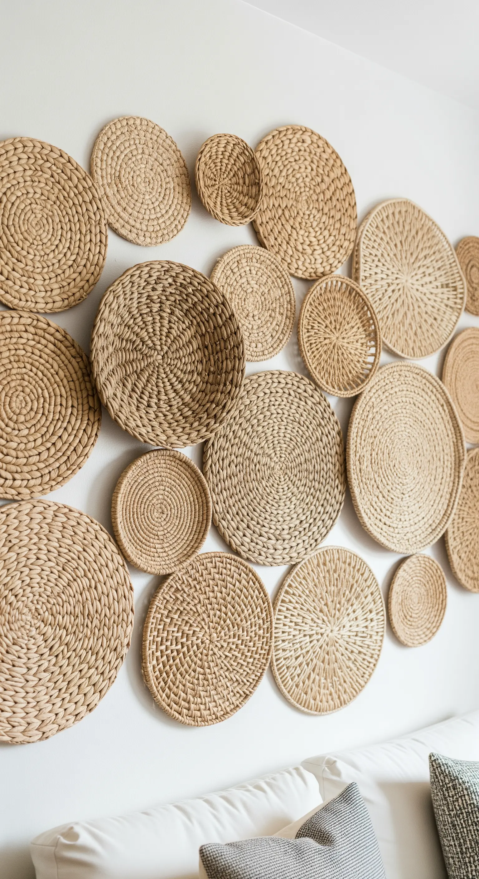 Wanddekoration aus einer großen Sammlung von flachen, runden Strohkörben und Tellern.