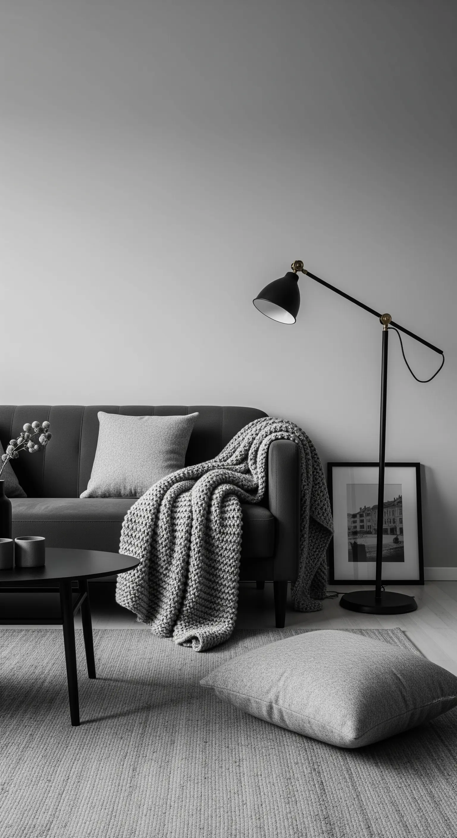 Monochromes Wohnzimmer mit einer grob gestrickten Decke auf dem Sofa.