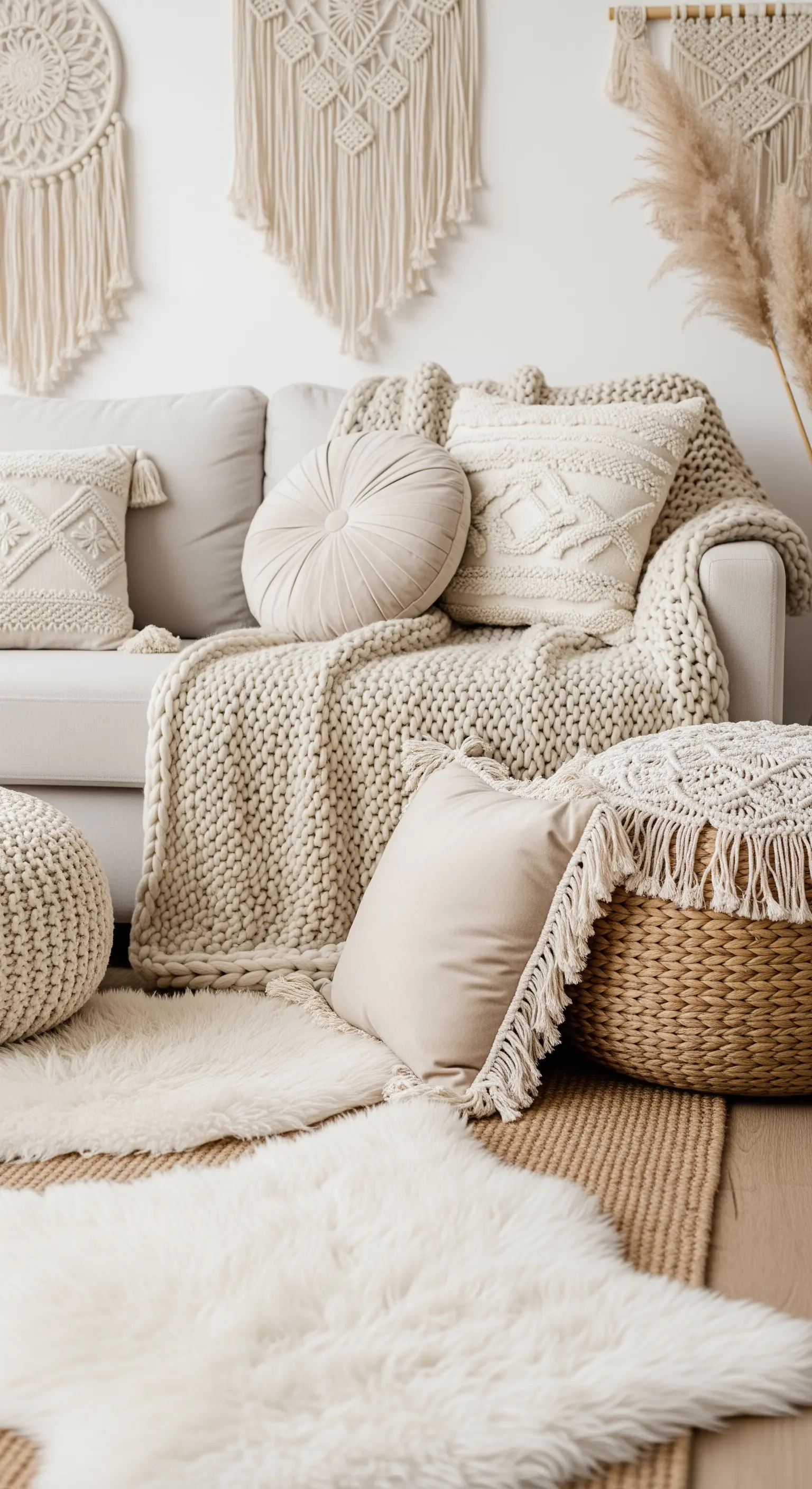 Detailaufnahme eines Sofas mit vielen cremefarbenen Kissen und Decken in unterschiedlichen Texturen.