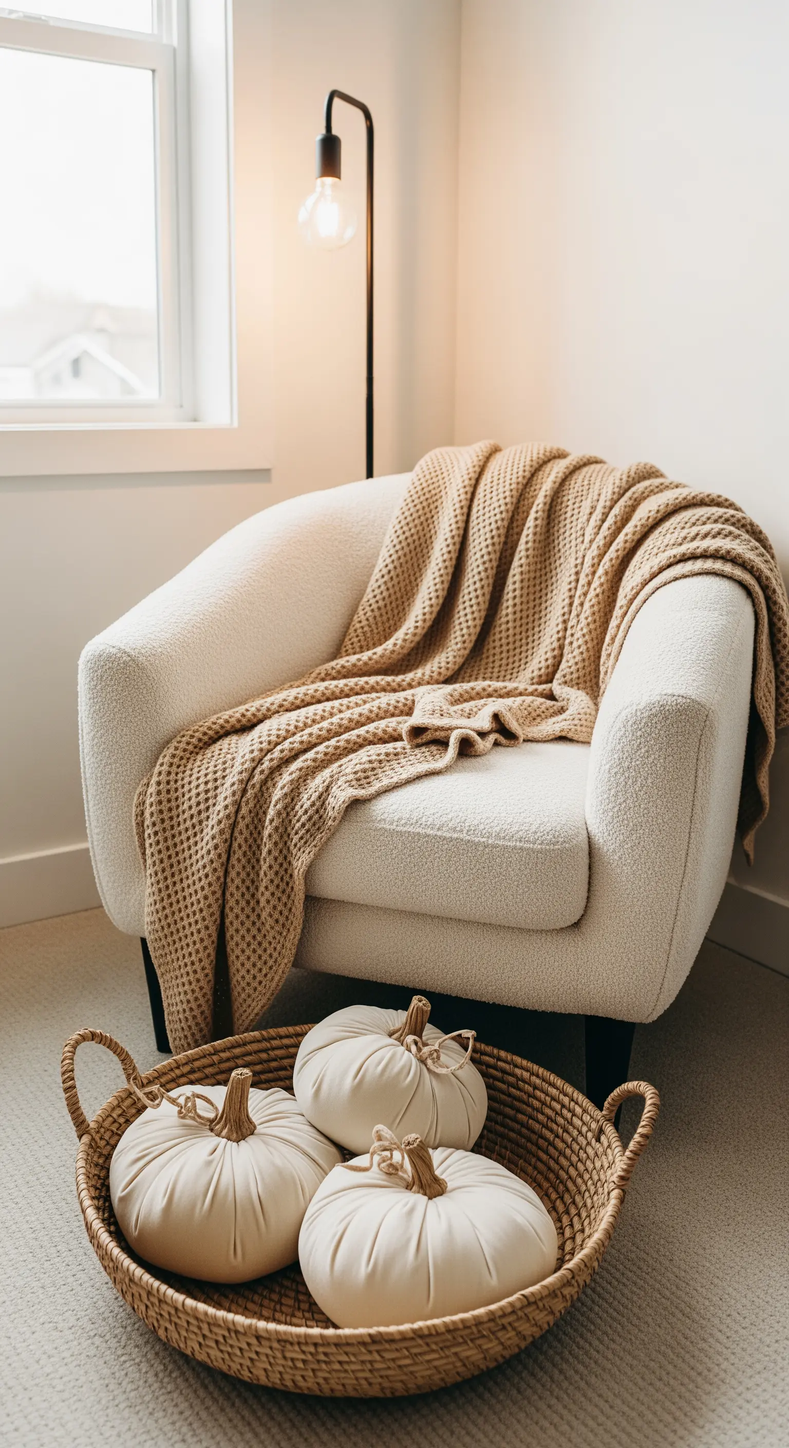 Flacher Korb mit drei weißen Stoffkürbissen vor einem beigen Sessel.