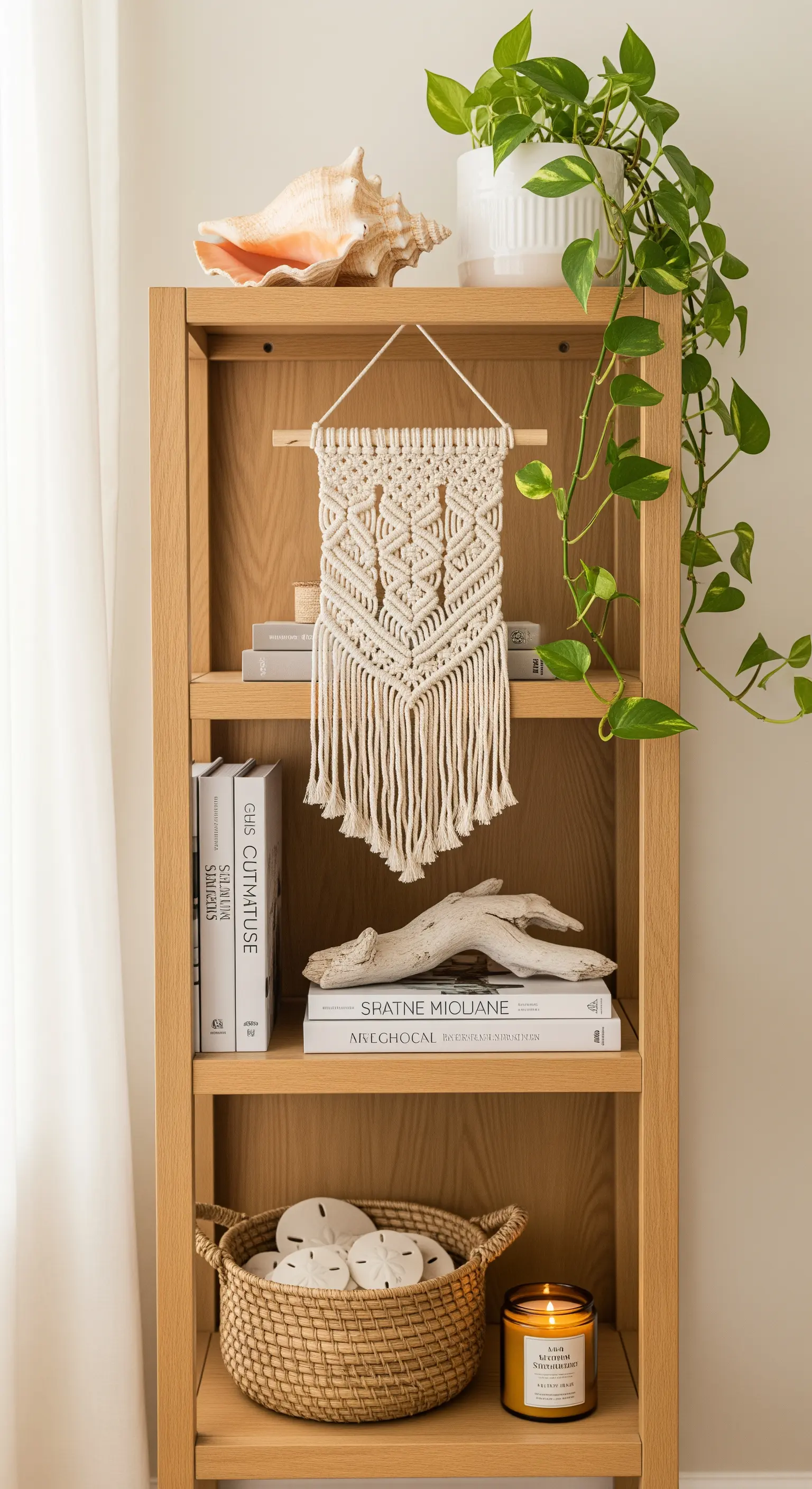 Boho-Regaldeko mit Makramee, Muschel und Treibholz in Naturfarben.