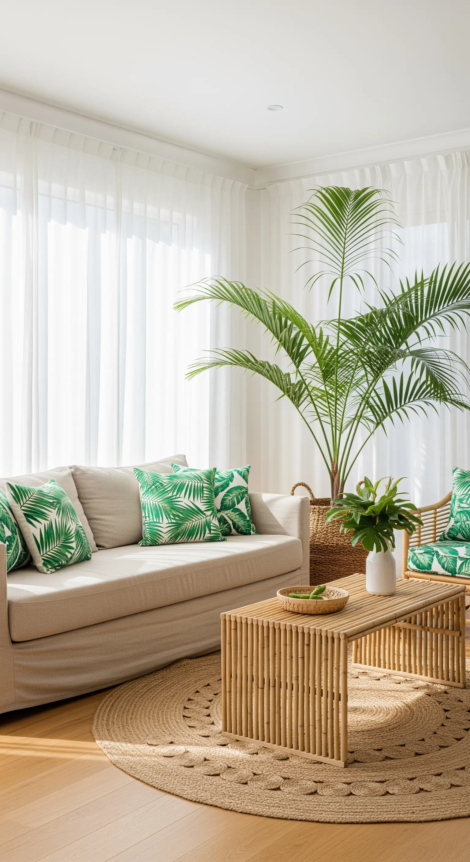 Wohnzimmer mit Jute-Teppich, Bambus-Tisch und Kissen mit Palmblatt-Muster