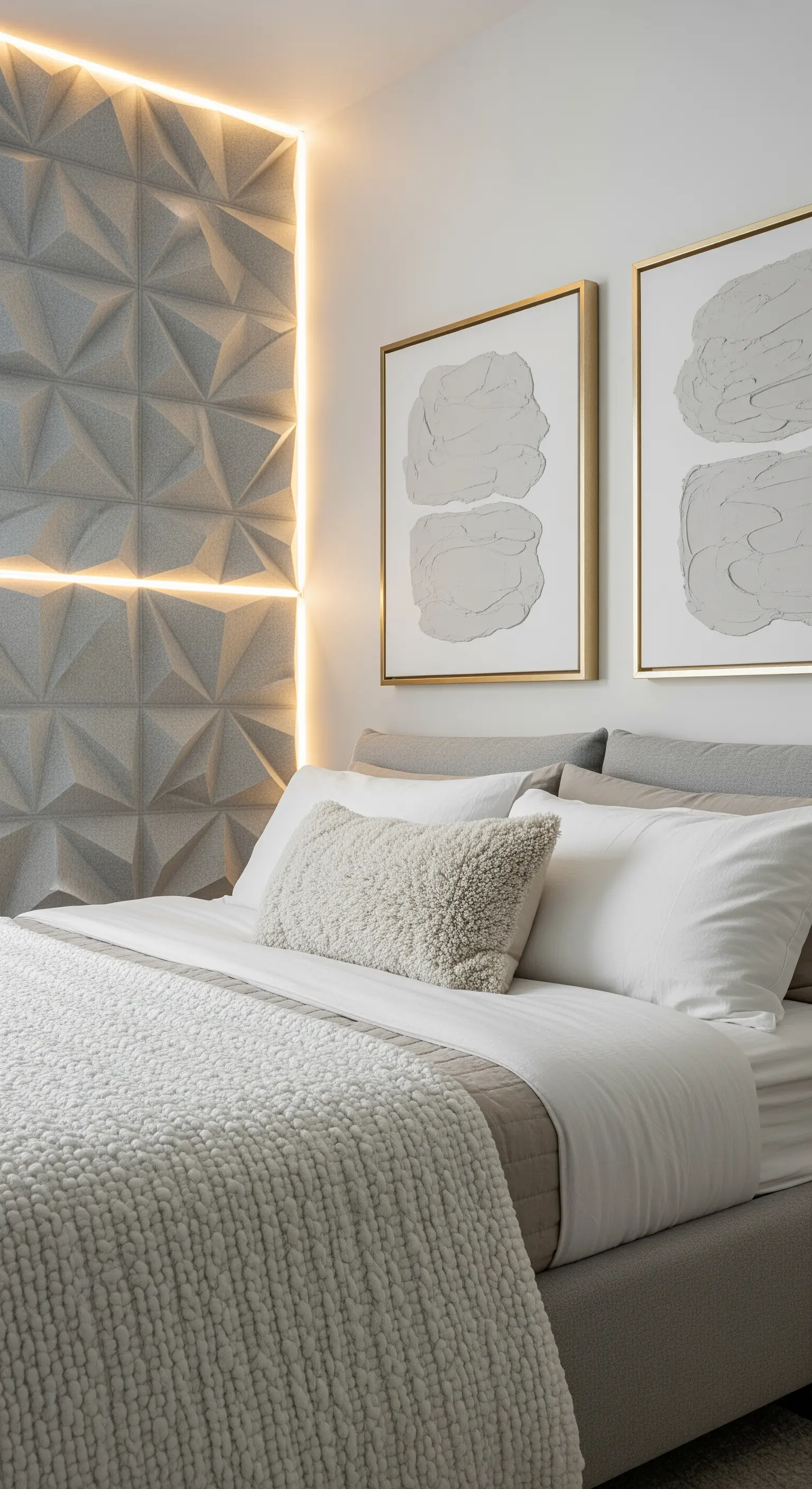 Modernes Schlafzimmer mit 3D-Wandpaneel und abstrakter Kunst in Goldrahmen.