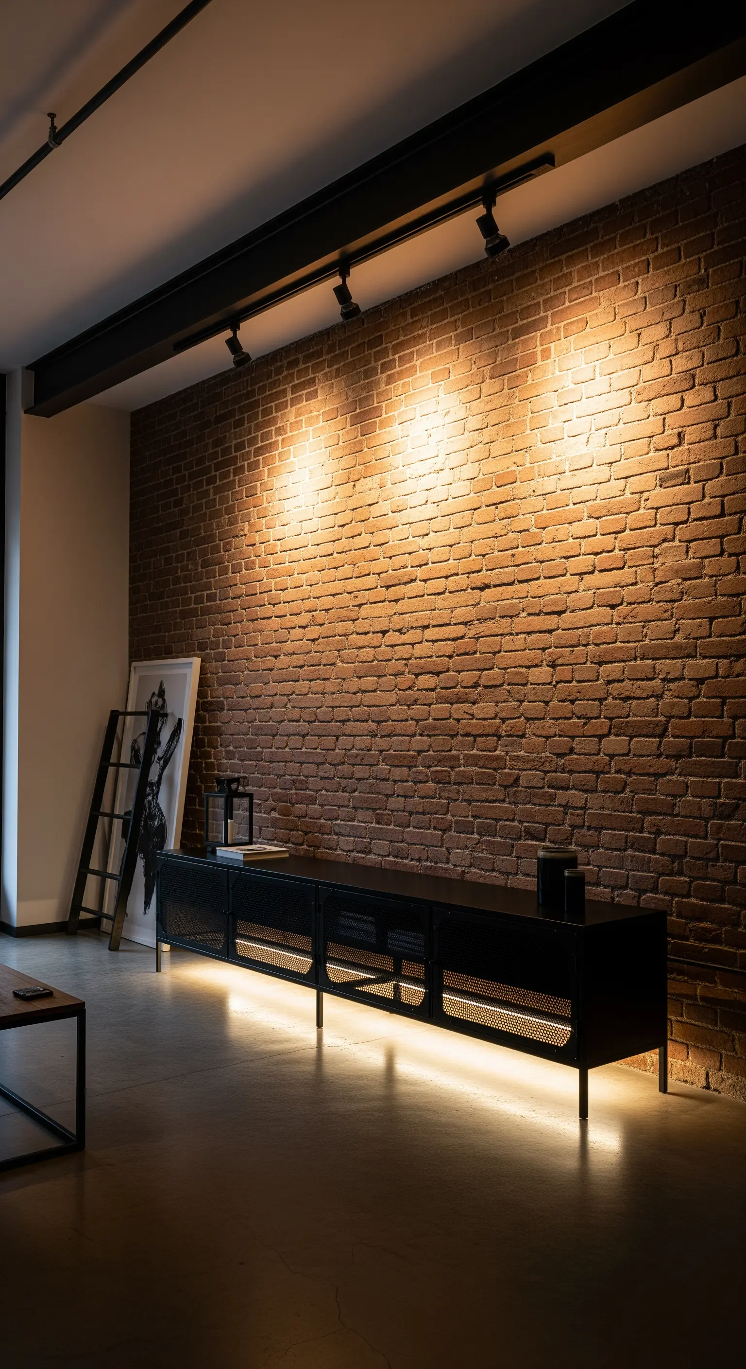 Industrielles Wohnzimmer mit beleuchteter Ziegelwand und schwebendem Metall-Lowboard