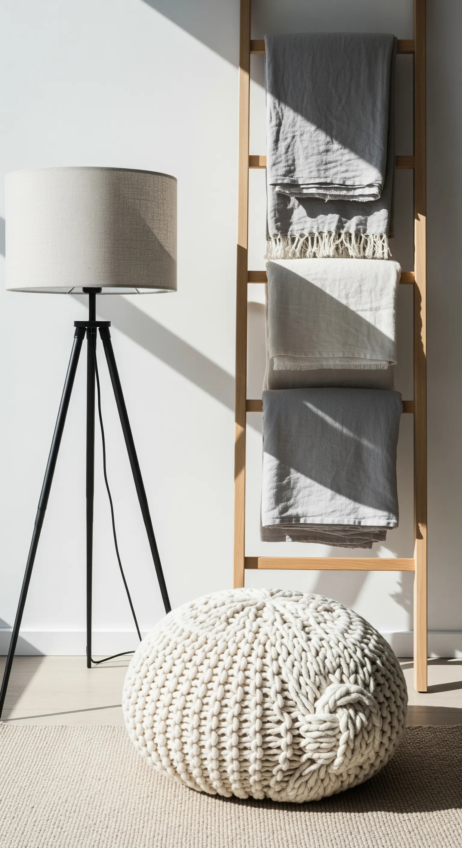 Holzleiter mit Decken, Strick-Pouf und Stehlampe