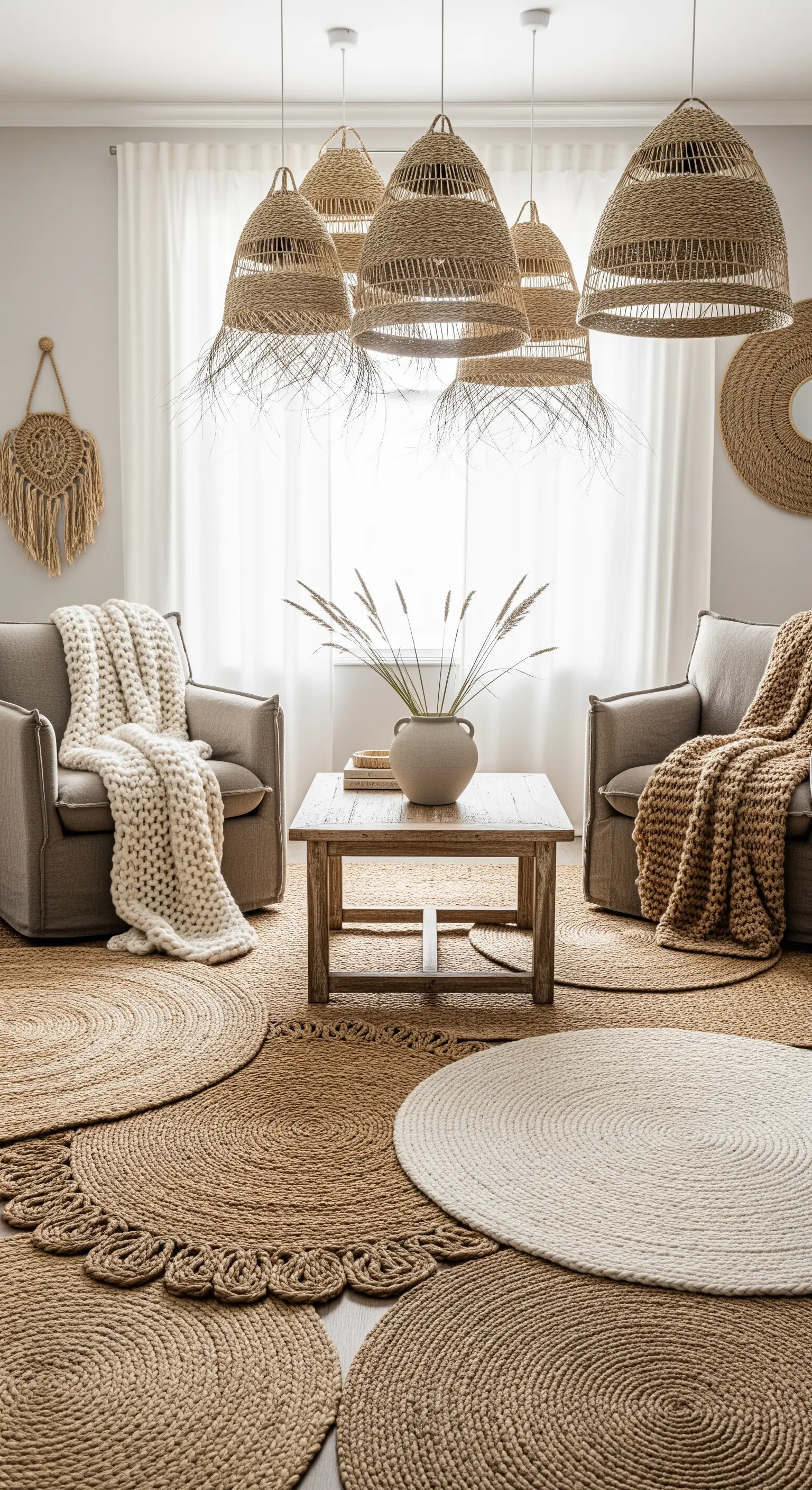Jute Teppiche, Rattan Pendelleuchten, Sessel mit Decken, Texturmix, Boho
