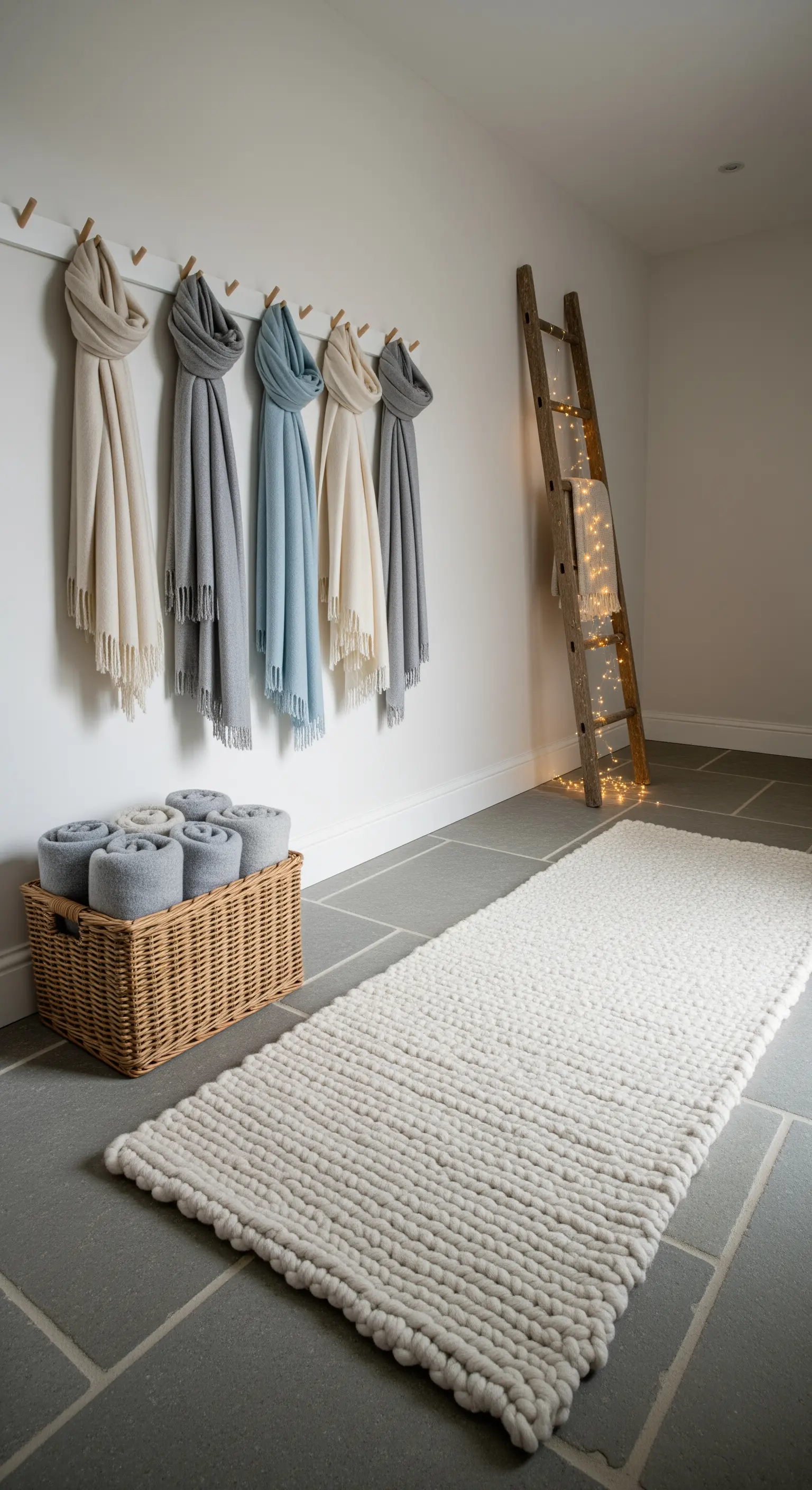Holzhaken mit Schals, Korb mit Decken, Lichterkette an Leiter, Texturläufer