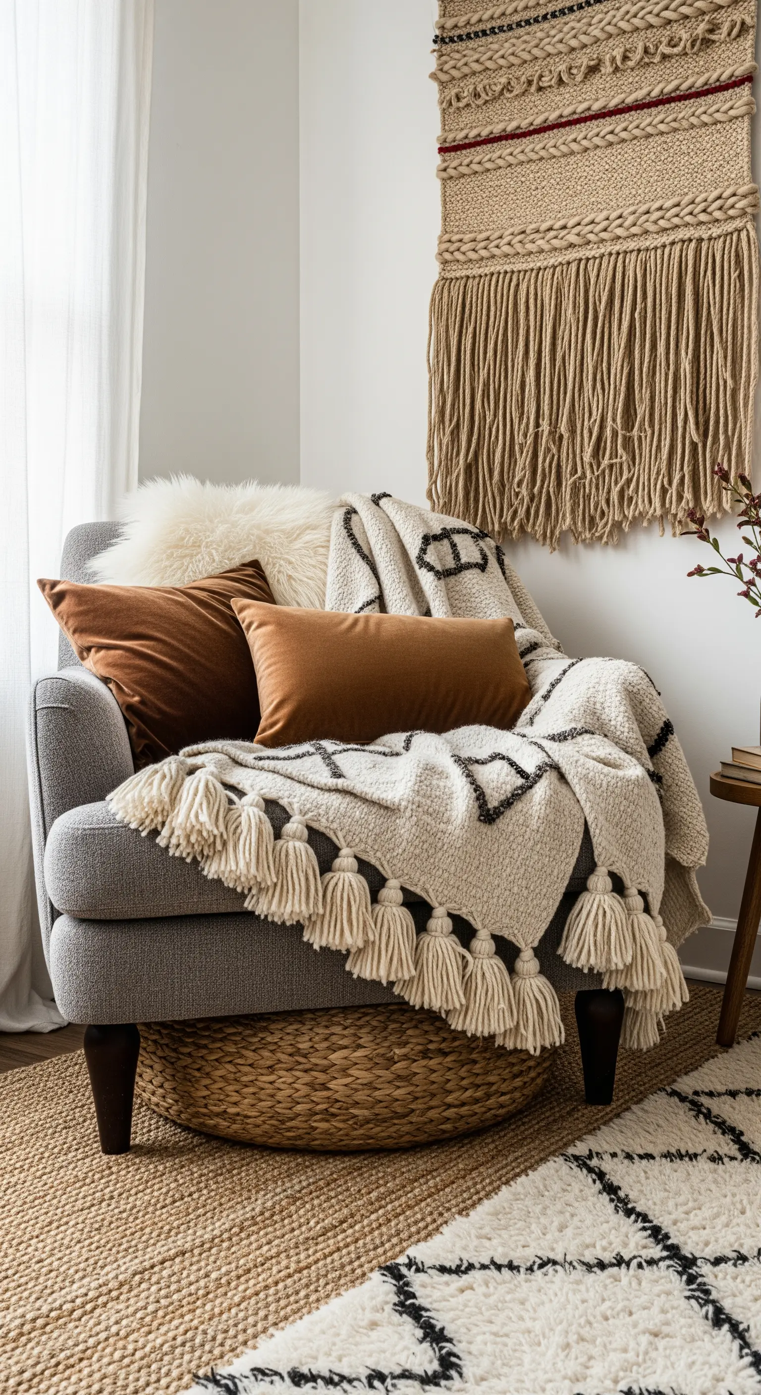 Gemütlicher grauer Sessel mit Quastendecke, Fellkissen und Jute-Teppich.