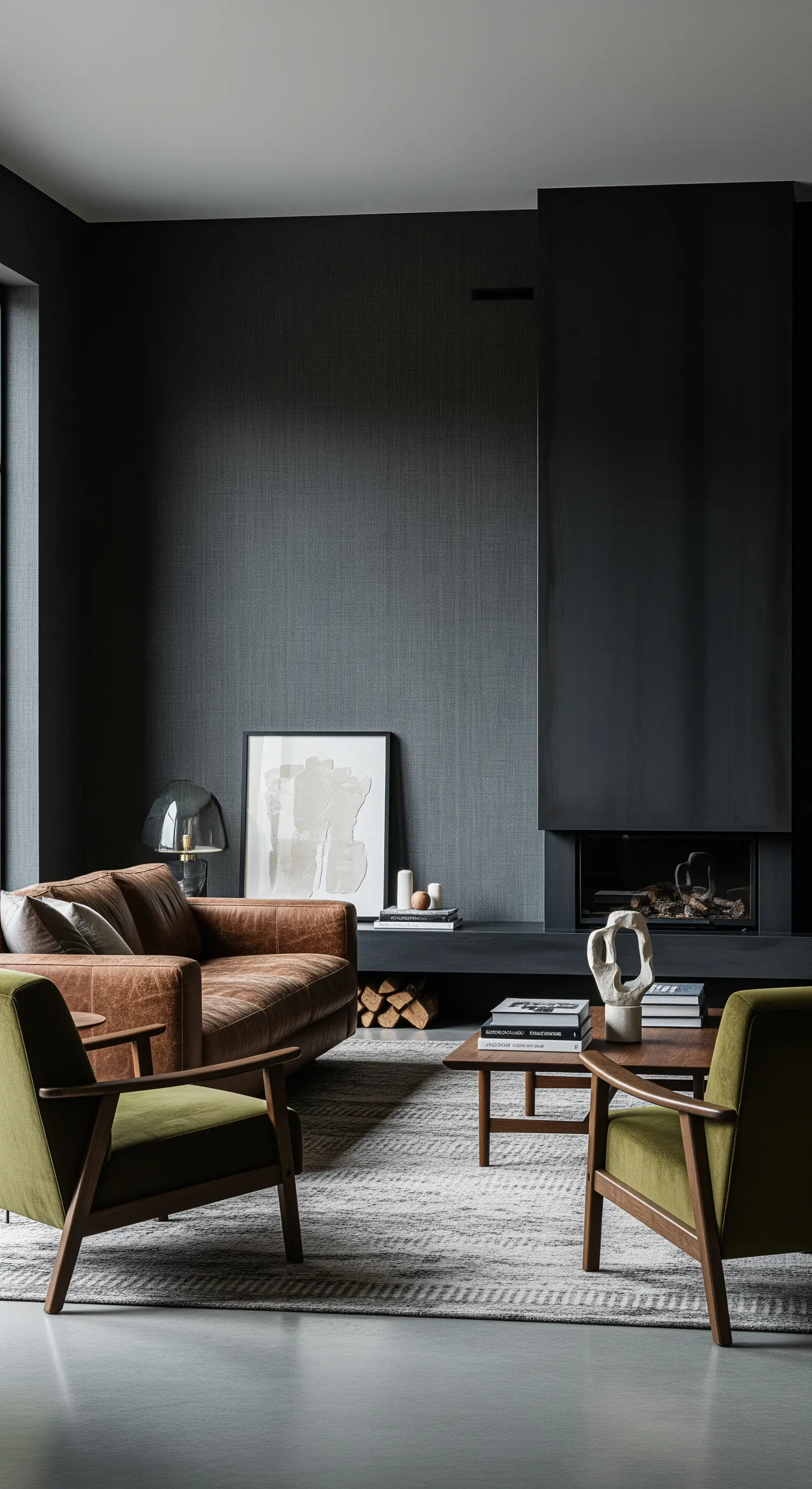 Wohnzimmer mit dunkler Wand, Ledersofa und olivgrünen Samtsesseln vor einem Kamin