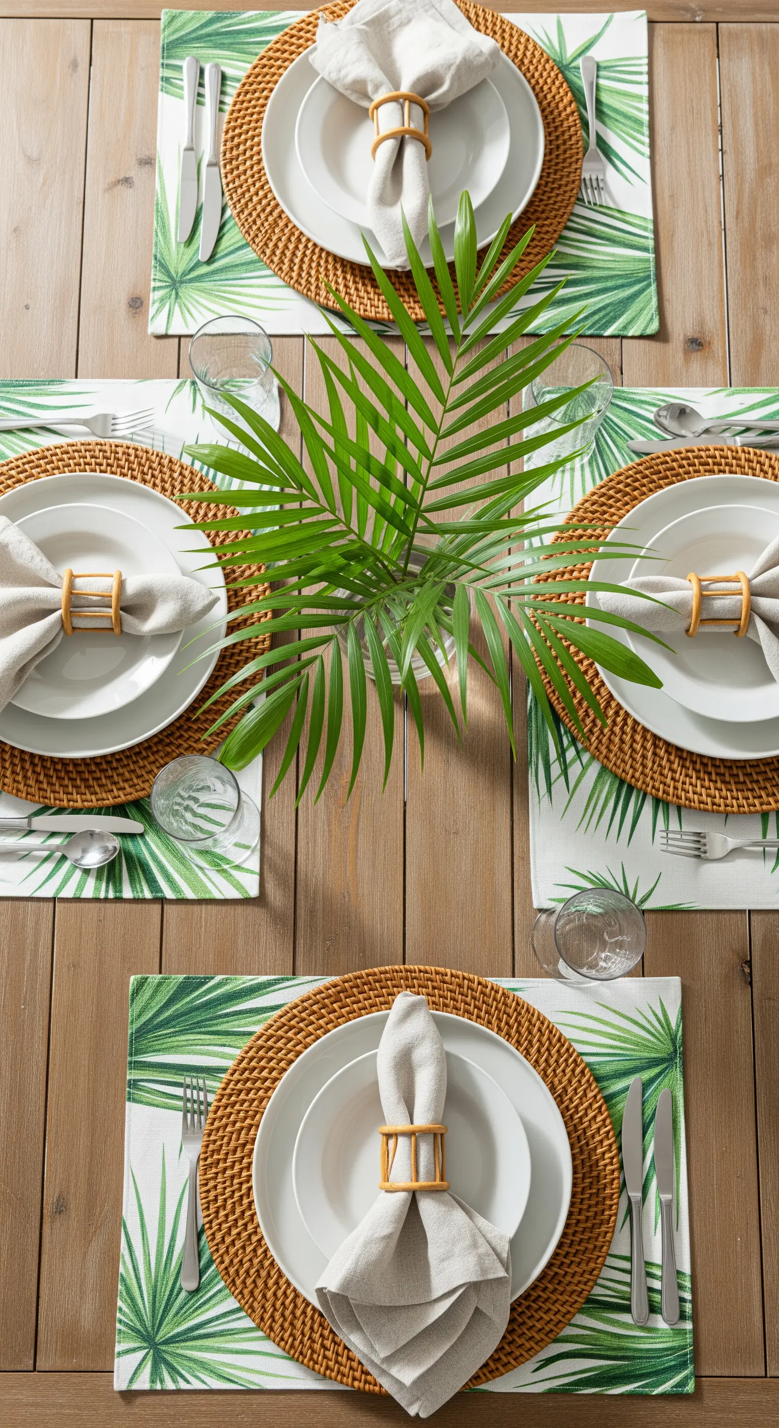 Sommerliche Tischdeko mit Palmen-Platzsets und Rattan-Platztellern