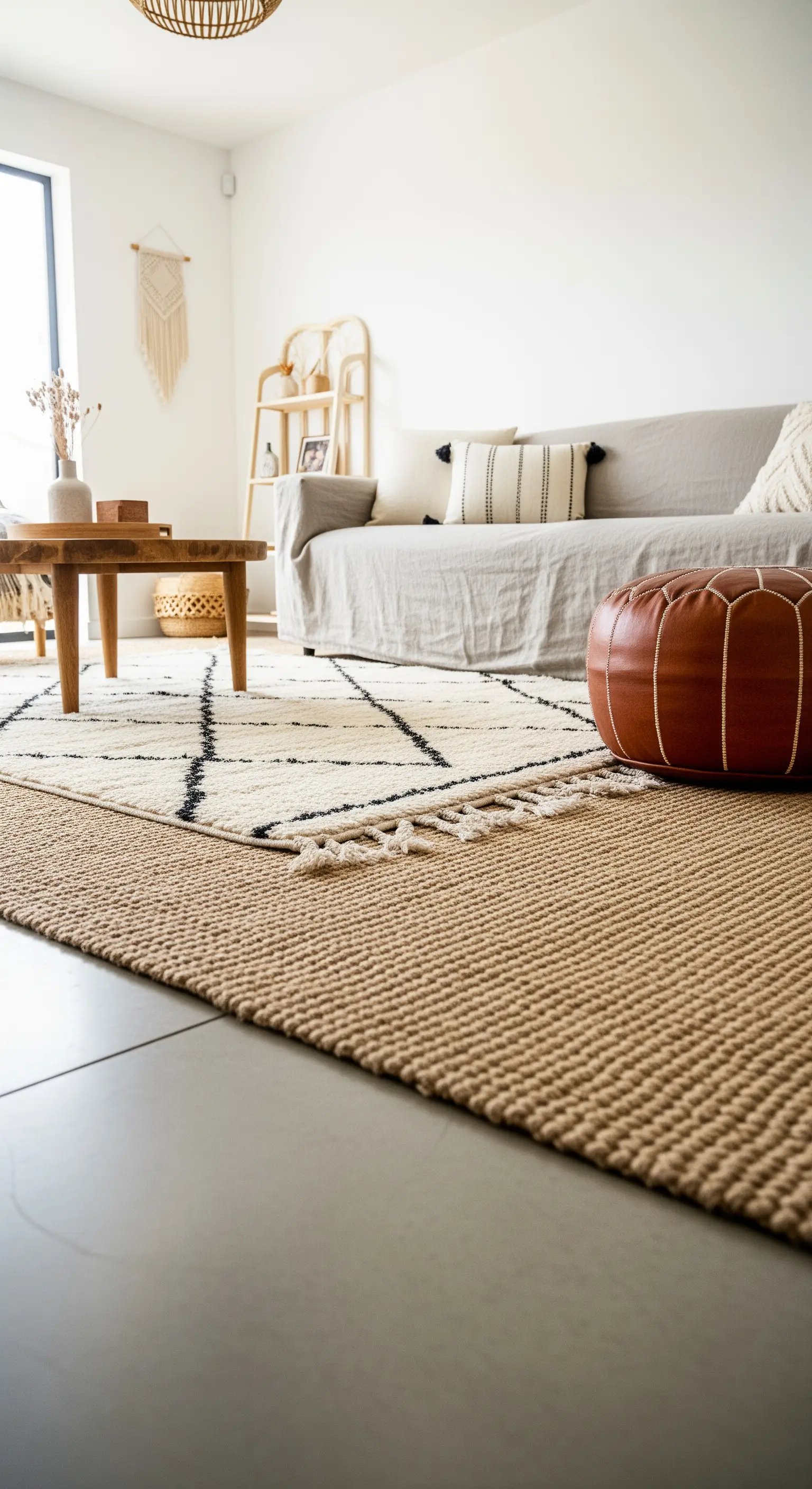 Übereinanderliegende Teppiche im Wohnzimmer: Jute und ein gemusterter Berber-Teppich.