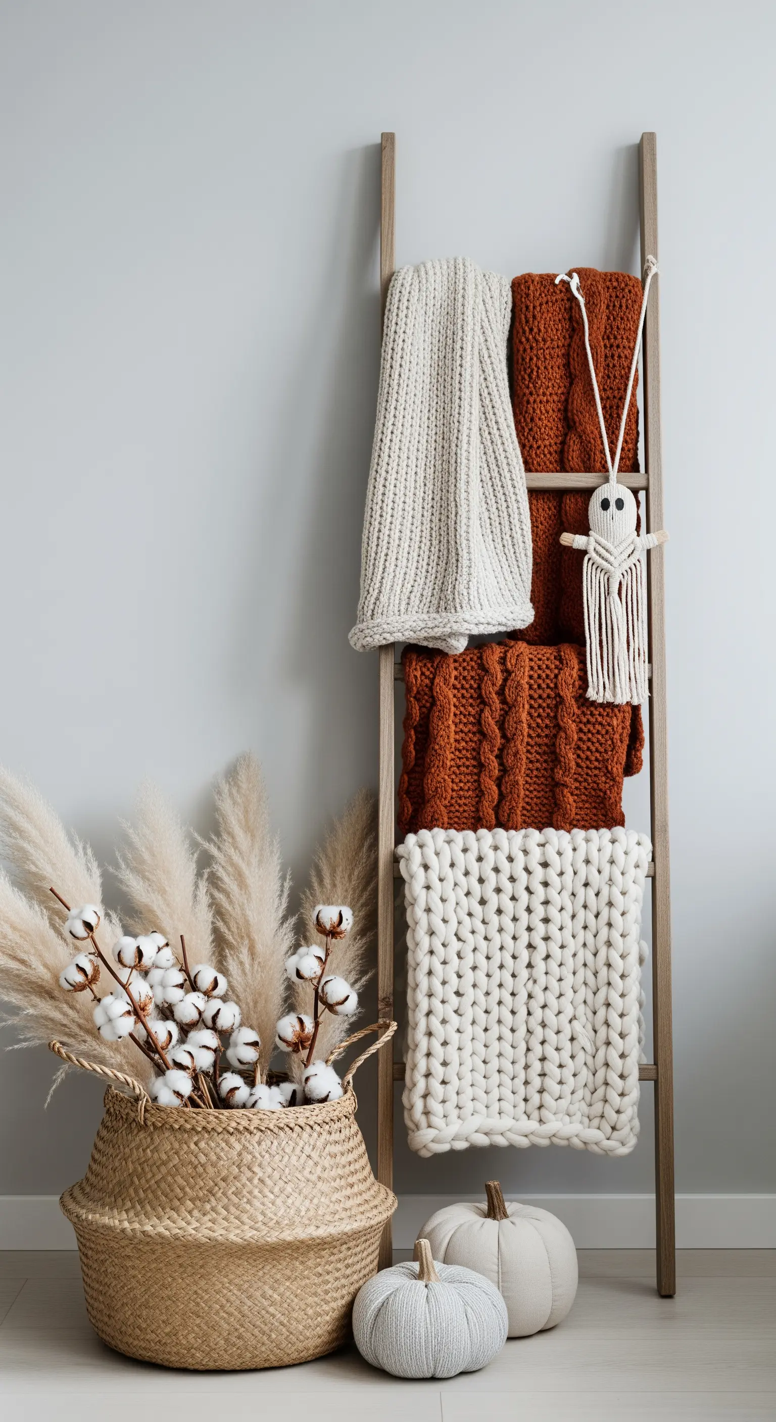 Holzleiter mit Strickdecken in Rostrot und Creme, Makramee-Geist und Korb.