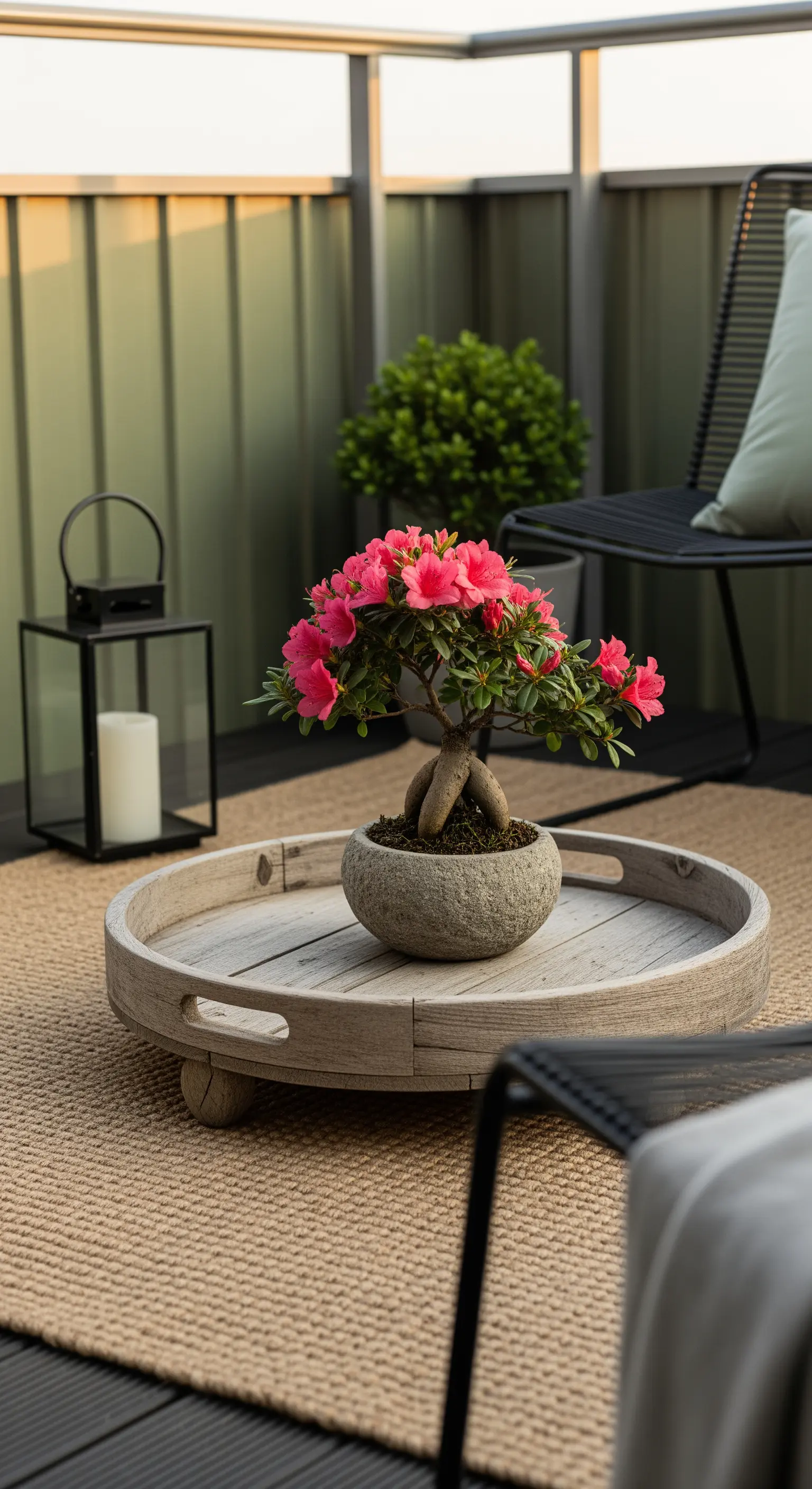 Runder Jute-Teppich, blühender Bonsai auf Holztablett, Laterne mit Kerze