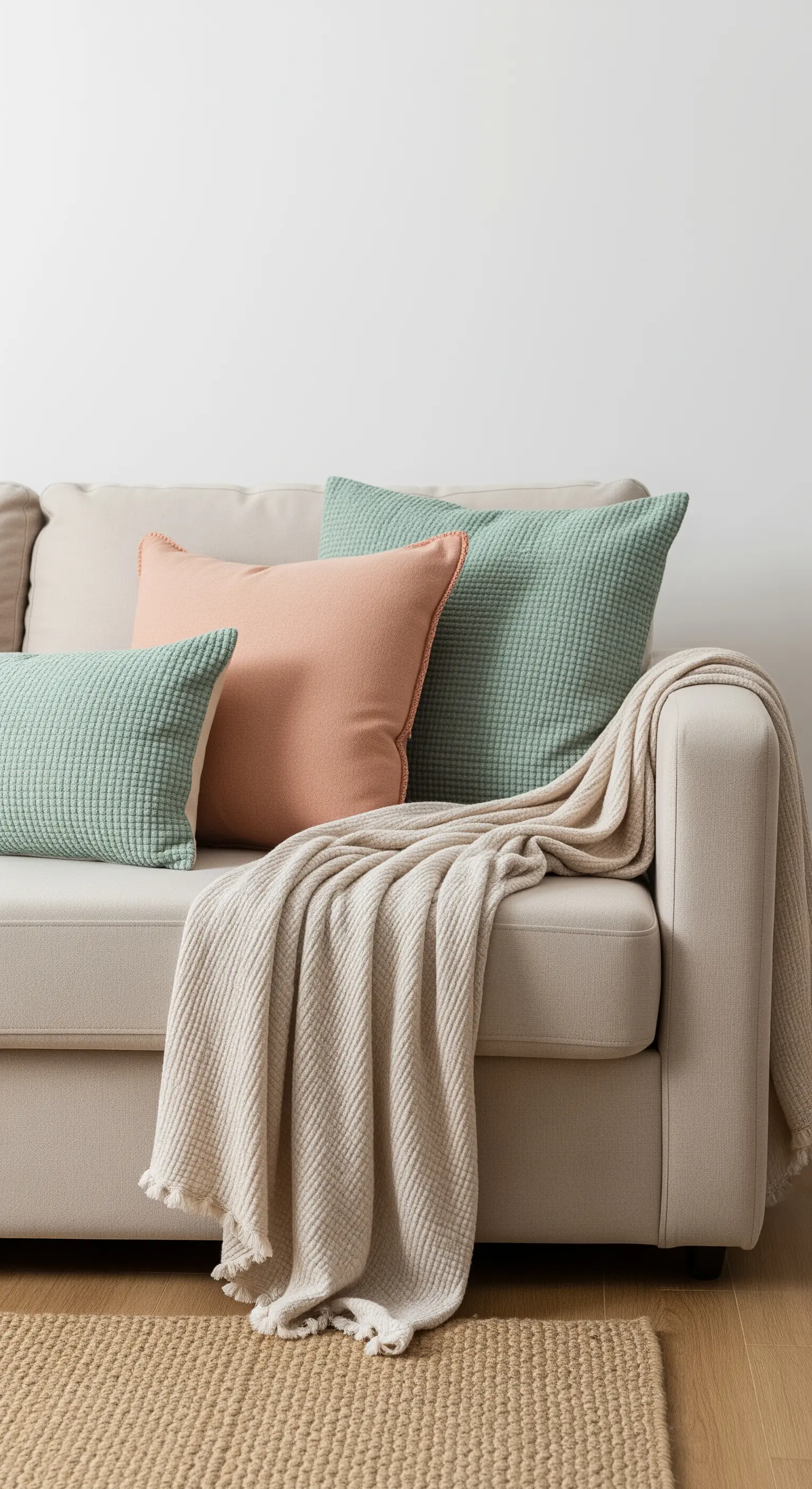 Beiges Sofa mit Kissen in Mintgrün und Koralle und einer leichten Decke.