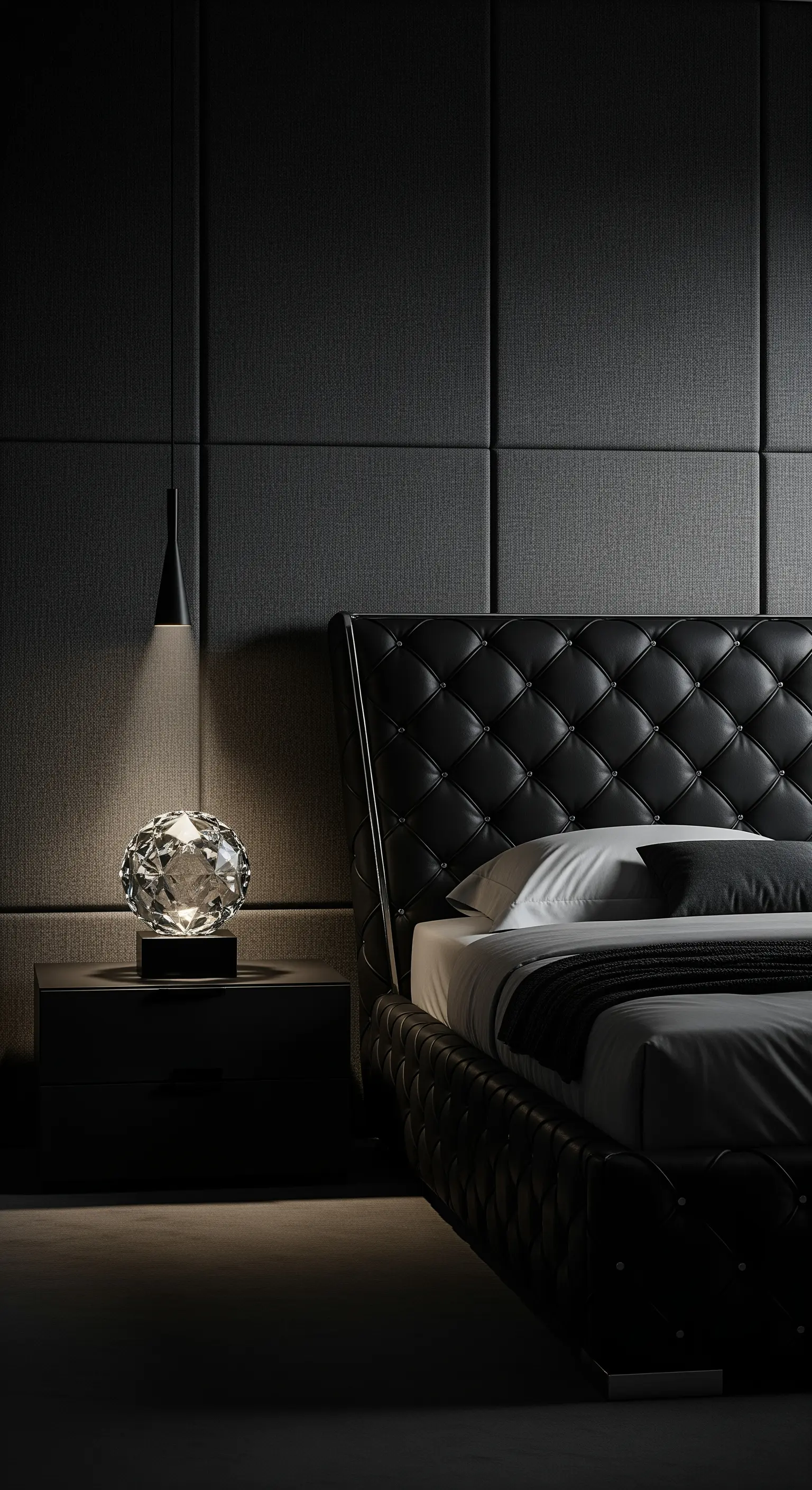 Strukturierte graue Wand mit schwarzem Lederbett und fokussierter Pendelleuchte über Kristallkugel