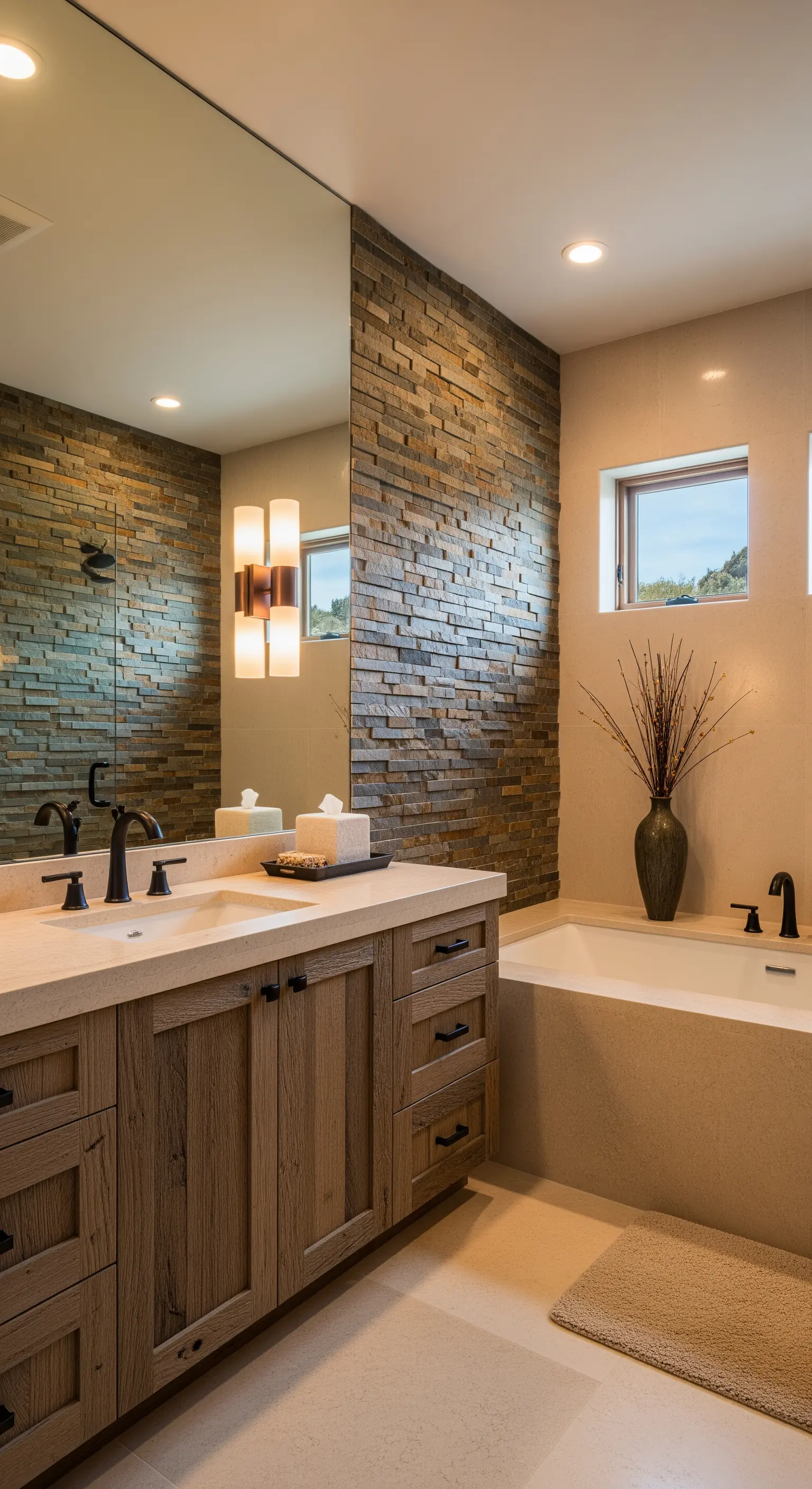 Rustikales Badezimmer mit einer Wand aus Naturstein-Verblendern neben einem großen, glatten Spiegel.