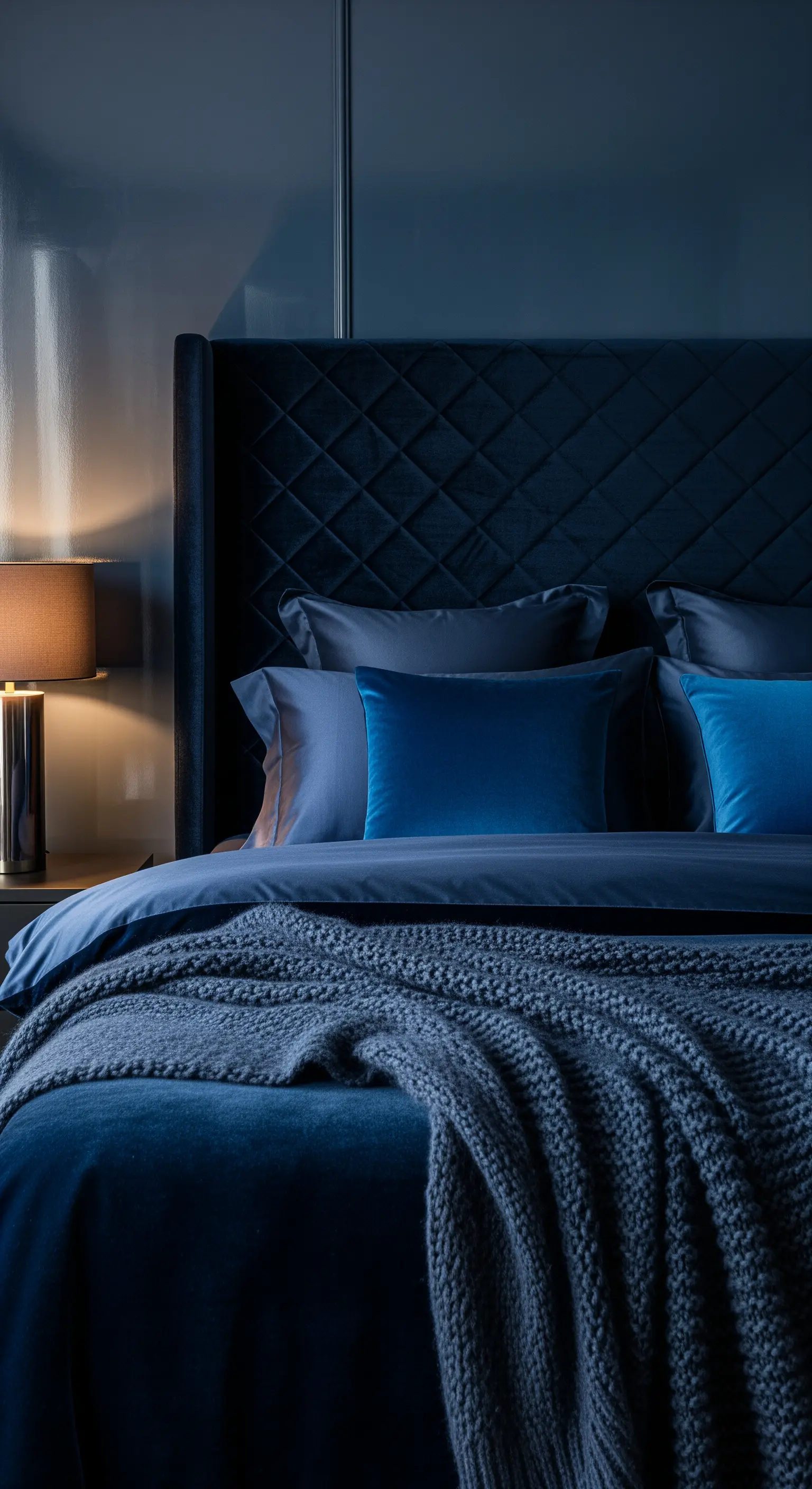 Nachtblaue Satinbettwäsche mit grober Strickdecke