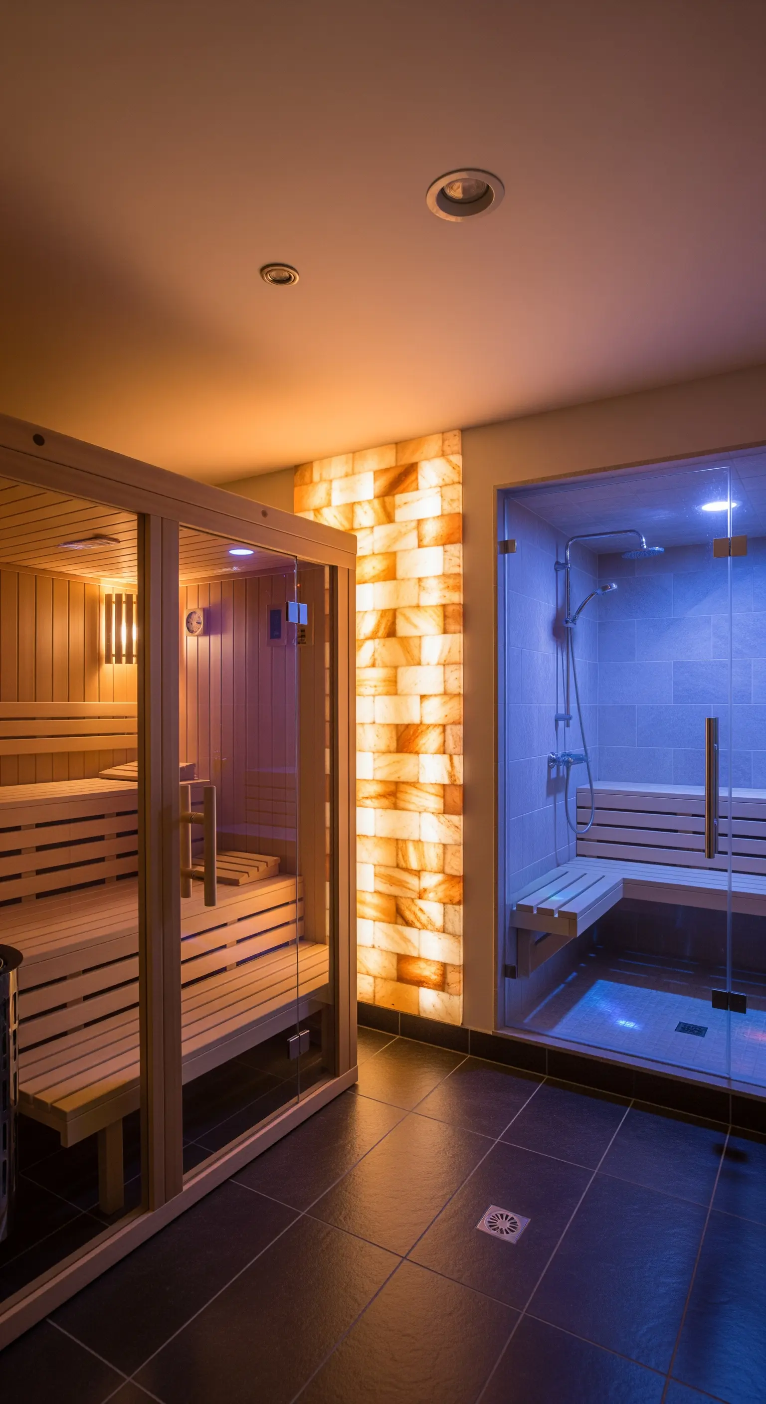 Wellnessbereich mit Sauna, Dampfbad und einer leuchtenden Salzwand.