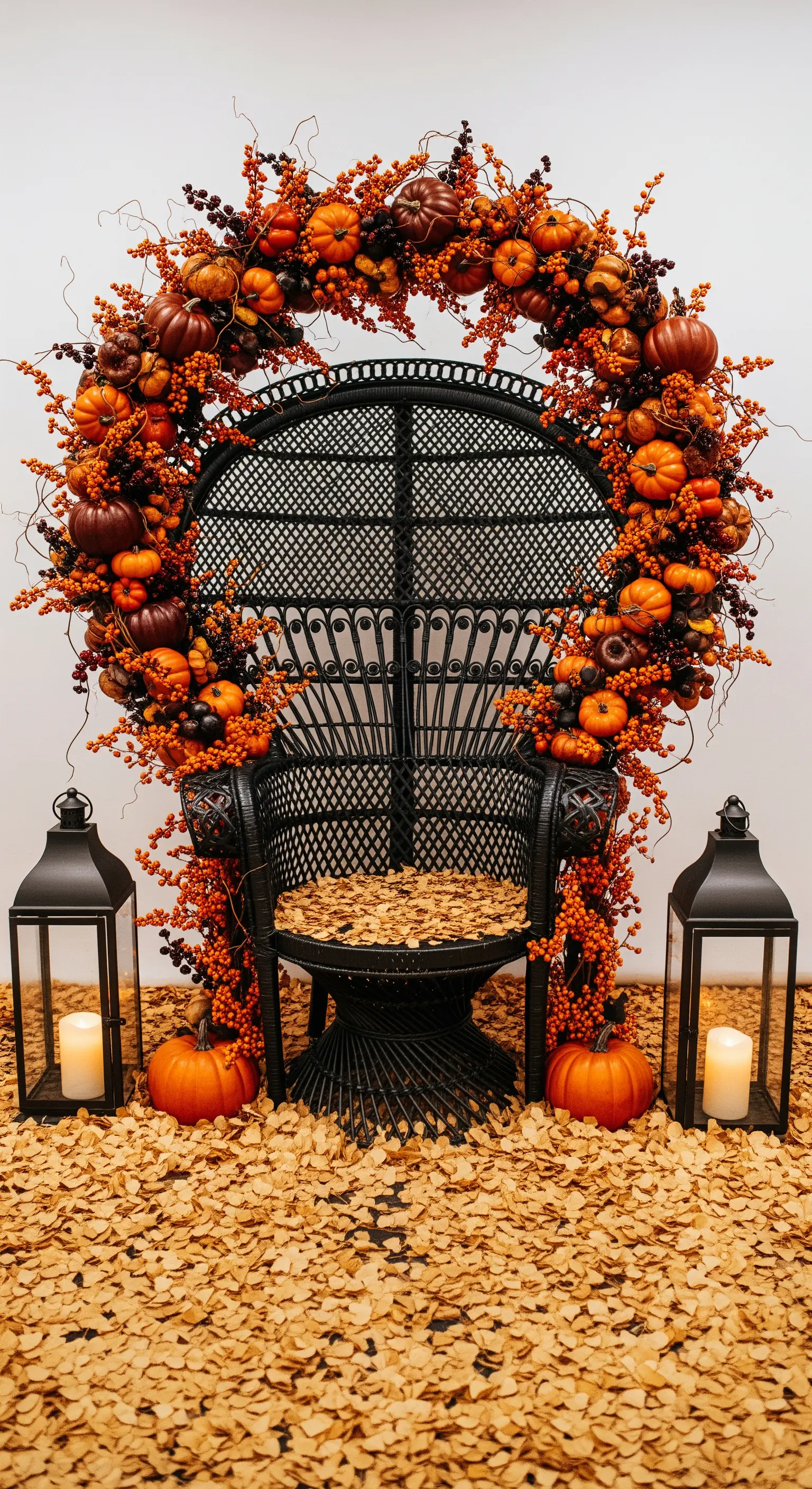 Herbstlicher Pfauenstuhl mit Ranken, Laternen und Blättern
