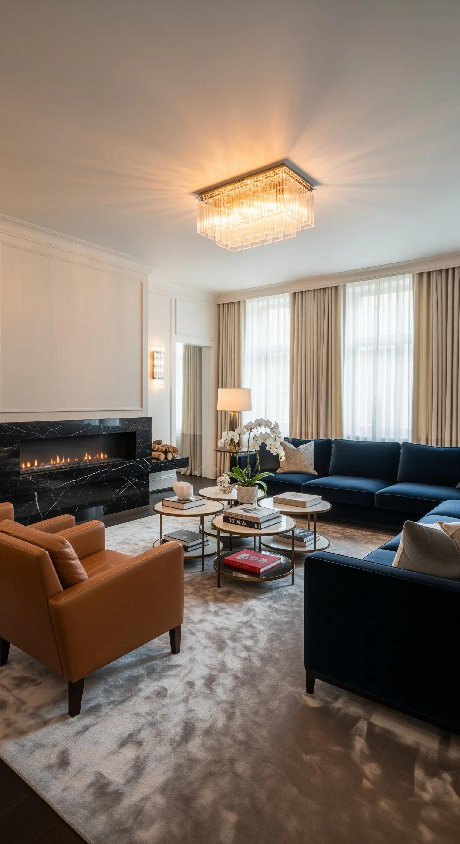 Elegantes Wohnzimmer mit dunkelblauem Sofa, Ledersessel und Marmorkamin.