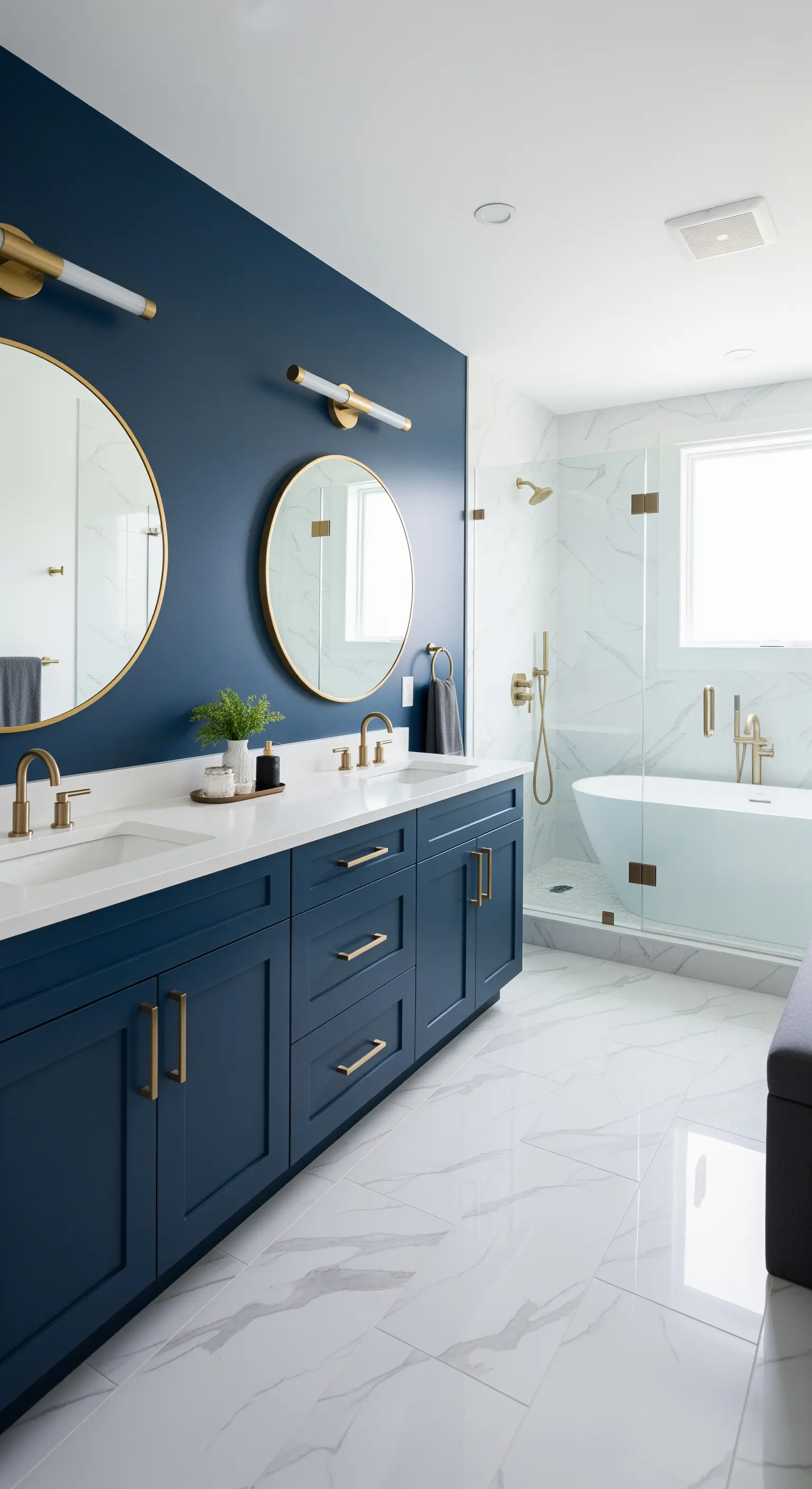 Modernes Badezimmer mit marineblauer Wand, goldenen runden Spiegeln und Messingarmaturen.