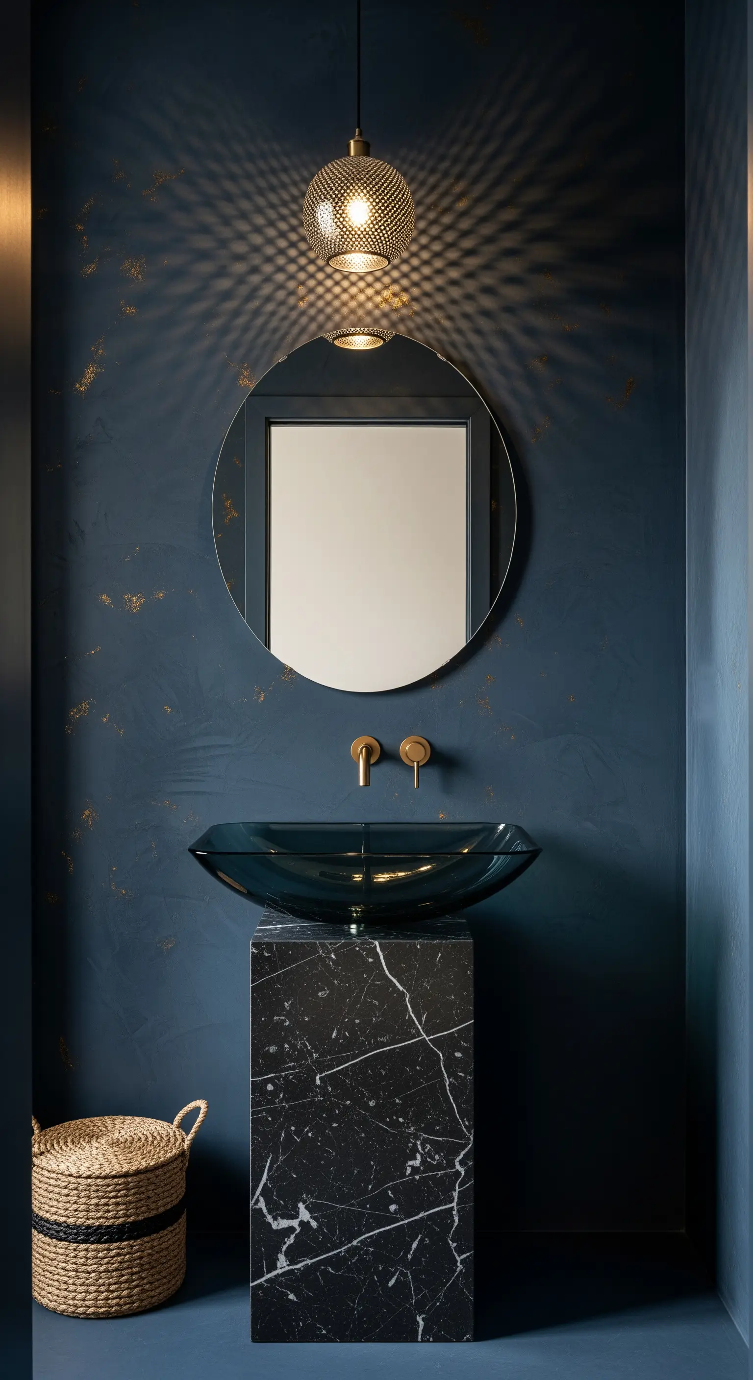 Tiefblaues Bad mit goldenen Flecken, dunklem Glaswaschbecken, goldener Hängelampe
